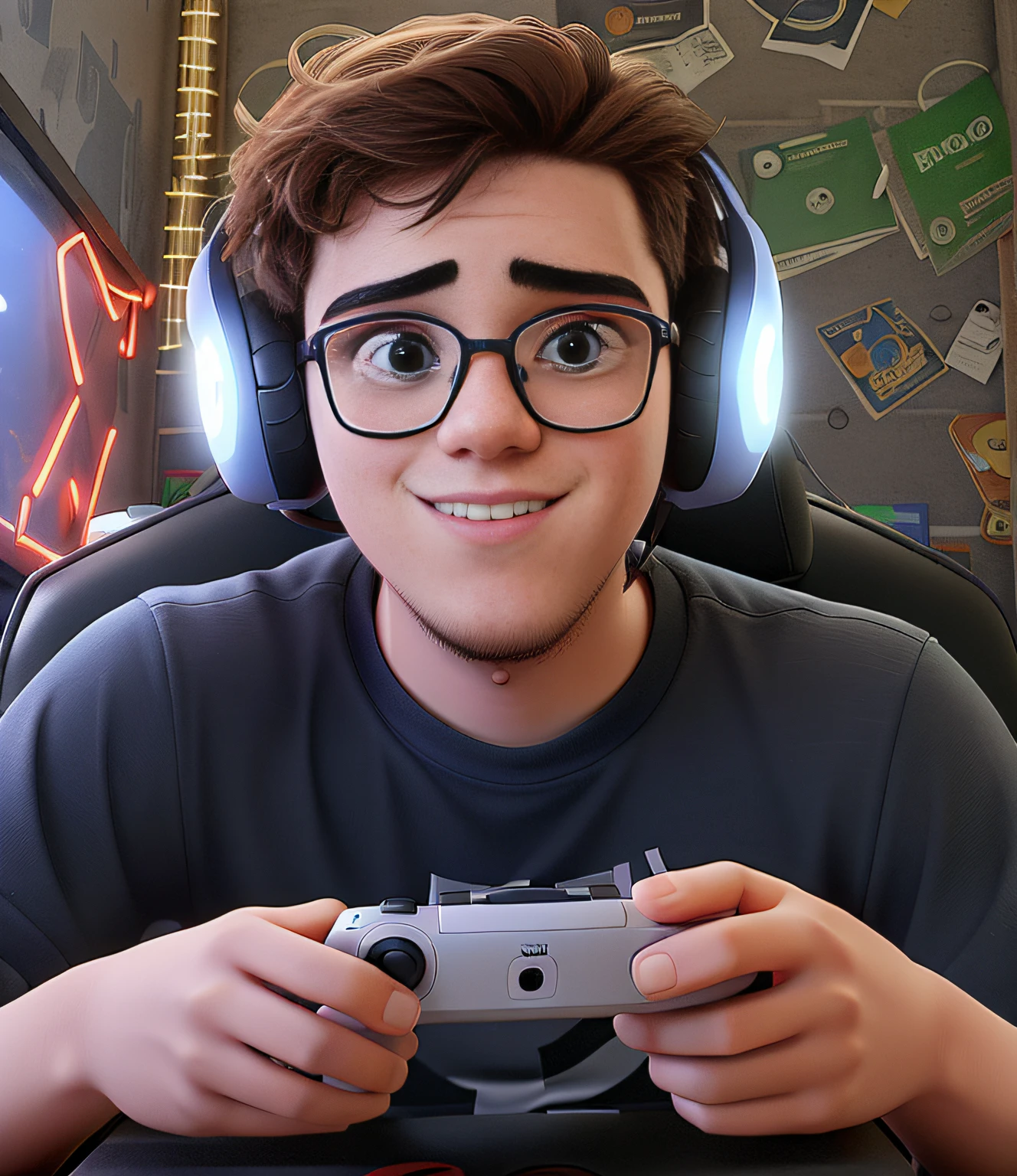 A young man sitting looking at camera, iluminado por leds em um quarto escuro, contra o pano de fundo de um quarto gamer
