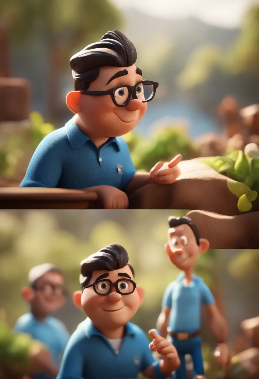 Cartoon character of a man with black glasses and a blue shirt, animation character, Caractere estilizado, animation style rendering, 3D estilizado, Arnold Maya render, 3 d render stylized, toon render keyshot, Personagem 3D, Personagem 3D, 3d rendering stylized, 3 d character render, personagem de desenho animado, Personagem de close up, Pose de personagem, (Estilo Pixar) (master part:1.2) (Bokeh) (best quality) (pele detalhada) (textura detalhada) (8k) (argila) (Cinematic lighting) (foco nítido
