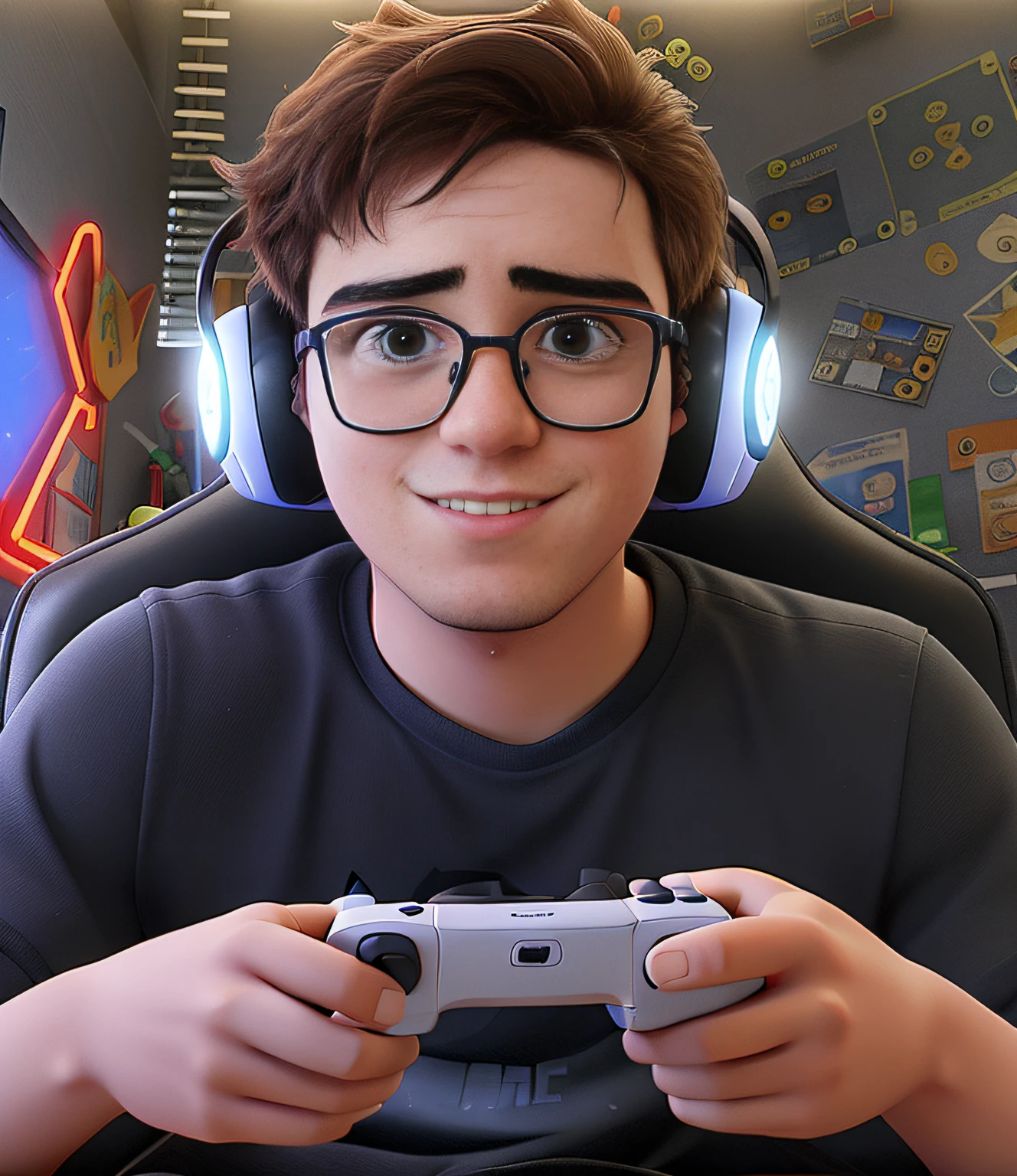 A young man sitting looking at camera, iluminado por leds em um quarto escuro, contra o pano de fundo de um quarto gamer