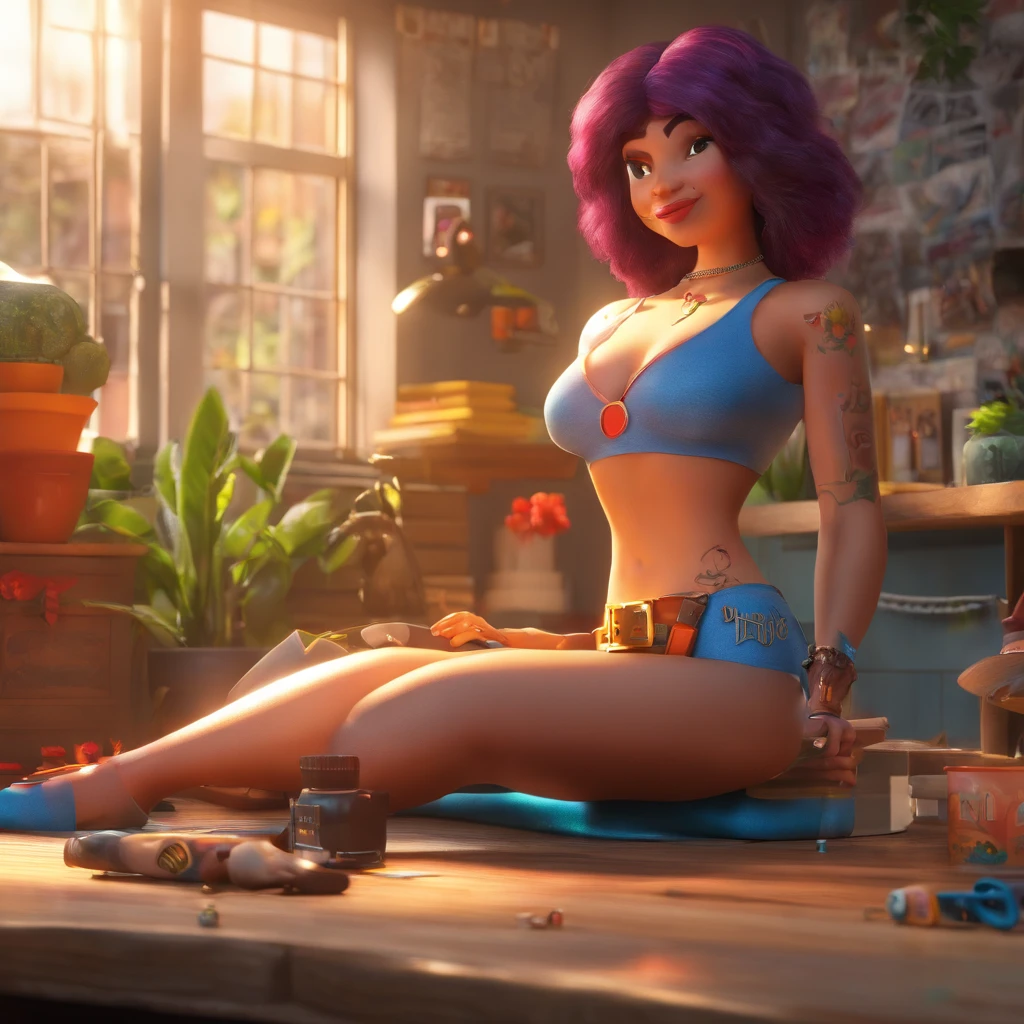 create a 3D movie poster inspired by Disney Pixar, The scene should be in Pixar's signature digital art style, com uma imagem caricatural que lembra a cantora brasileira "Anita" in the prone position, Wearing a bikini while a tattoo artist is sitting tattooing with a giant ring on one hand, inside a tattoo parlor.