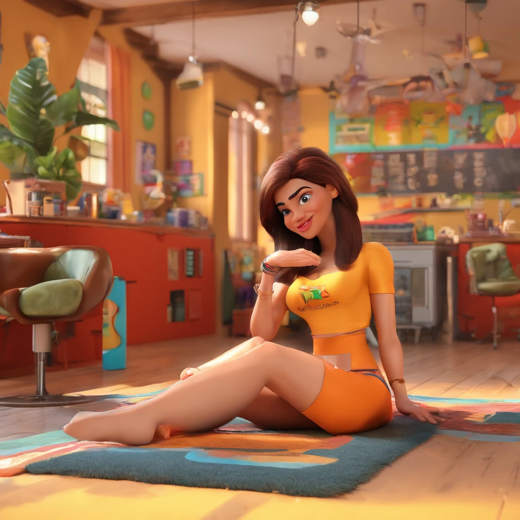 create a 3D movie poster inspired by Disney Pixar, The scene should be in Pixar's signature digital art style, com uma imagem caricatural que lembra a cantora brasileira "Anita" in the prone position, Wearing a bikini while a tattoo artist is sitting tattooing with a giant ring on one hand, inside a tattoo parlor.