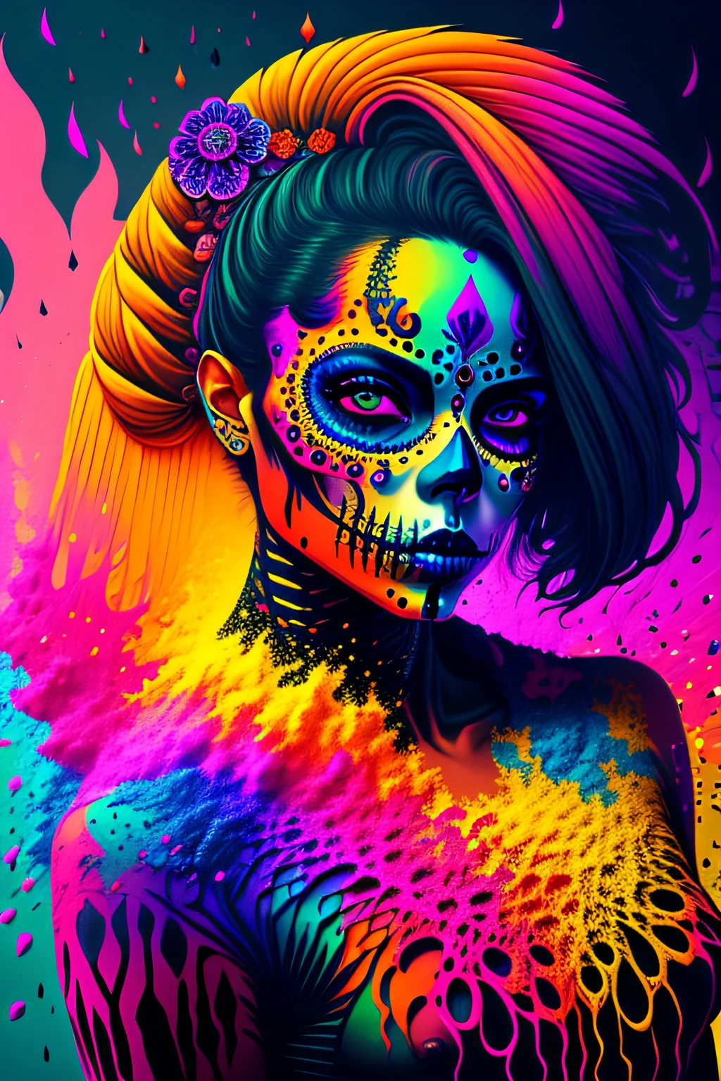 in a psychedelic style a representation of the Day of the Dead on a female face, magnificent and detailed. Lots of texture and an explosion of multiple colored powder in the background