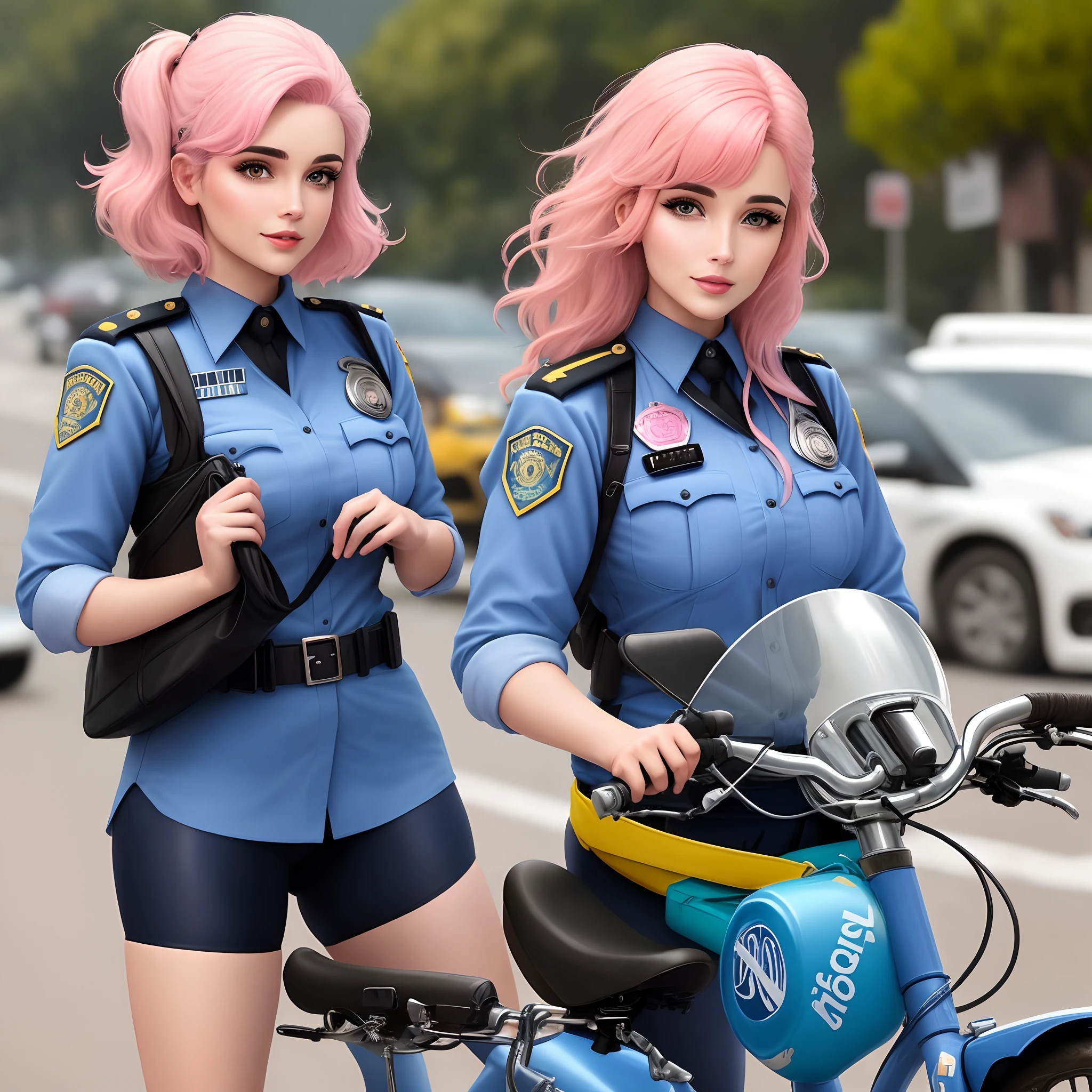 Traffic Officer Brunette Woman India with Pink Hair, uniforme azul e colete amarelo em cima de uma bicicleta