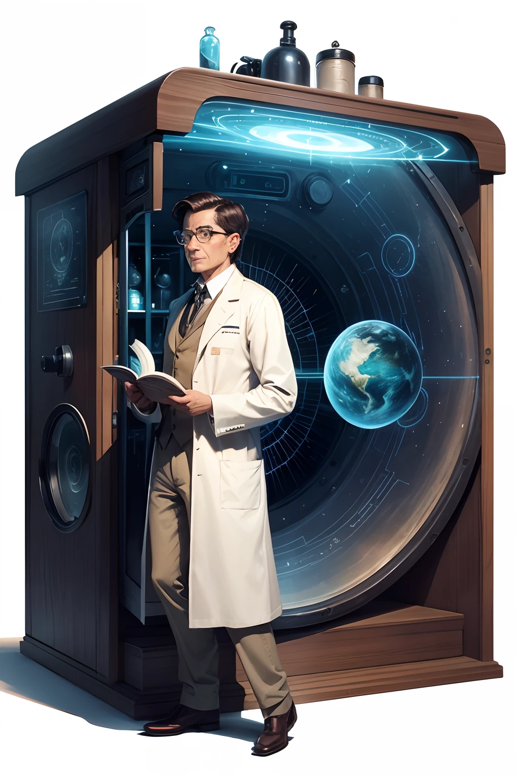 A scientist stepping out of a time machine, illustration style