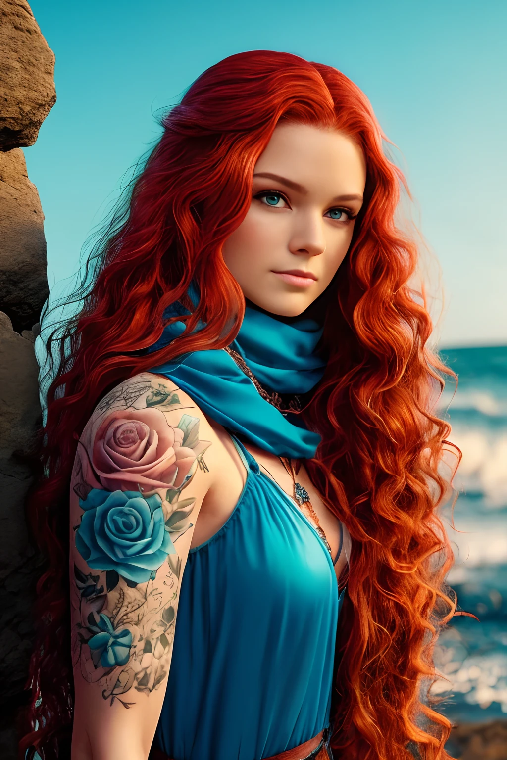 qualidade absurda. natural  lightting. hiper-realismo. Fantastic illustration. Redhead girl with long curly hair and rose tattoos on shoulders and forearms, vestindo vestido branco, scarf in hair, pentagram pendant on neck. Ela tem um olho de cada cor: Verde o direito, azul o esquerdo. estilo bruxa, heathen, viking, na proa de um draccar que cruza um rio envolto em brumas. Estilo medieval, former Scotland, Avalon, Fifth-century.