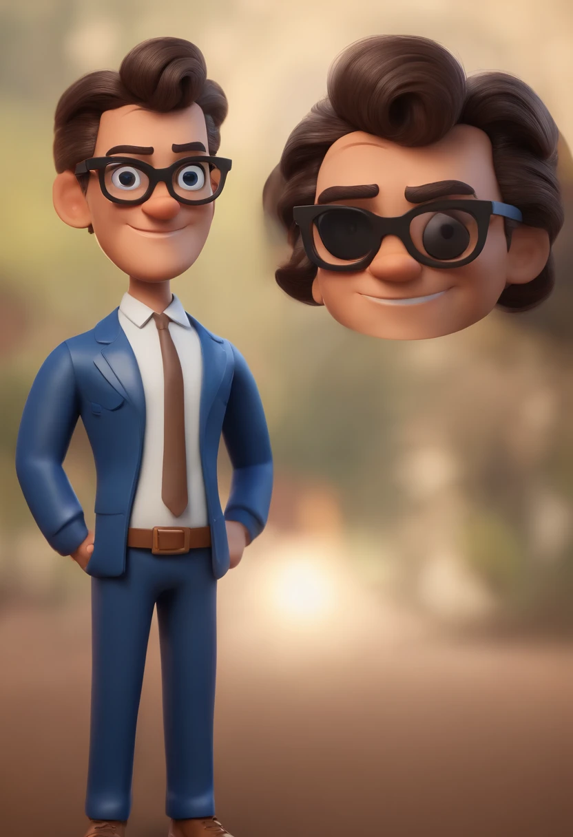 Cartoon character of a man with black glasses, cabelo cacheado marrom escuro e uma camisa azul, animation character, Caractere estilizado, animation style rendering, 3D estilizado, Arnold Maya render, 3 d render stylized, toon render keyshot, Personagem 3D, Personagem 3D, 3d rendering stylized, 3 d character render, personagem de desenho animado, Personagem de close up, Pose de personagem,  (Estilo Pixar) (master part:1.2) (Bokeh) (best quality) (pele detalhada) (textura detalhada) (8k) (argila) (Cinematic lighting) (foco nítido