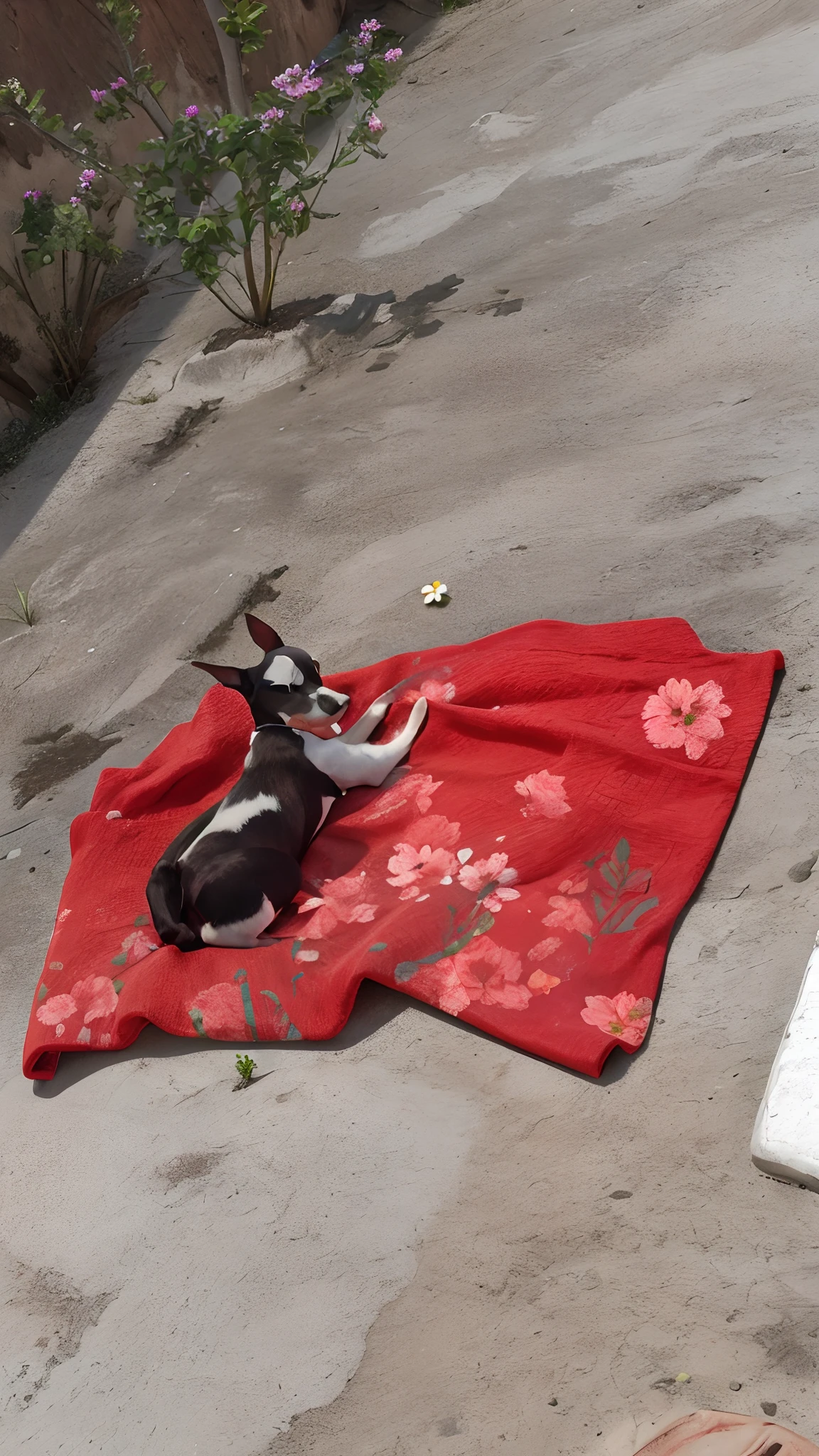 Black and white female pinscher dog lying on blanket with flowers in the background.