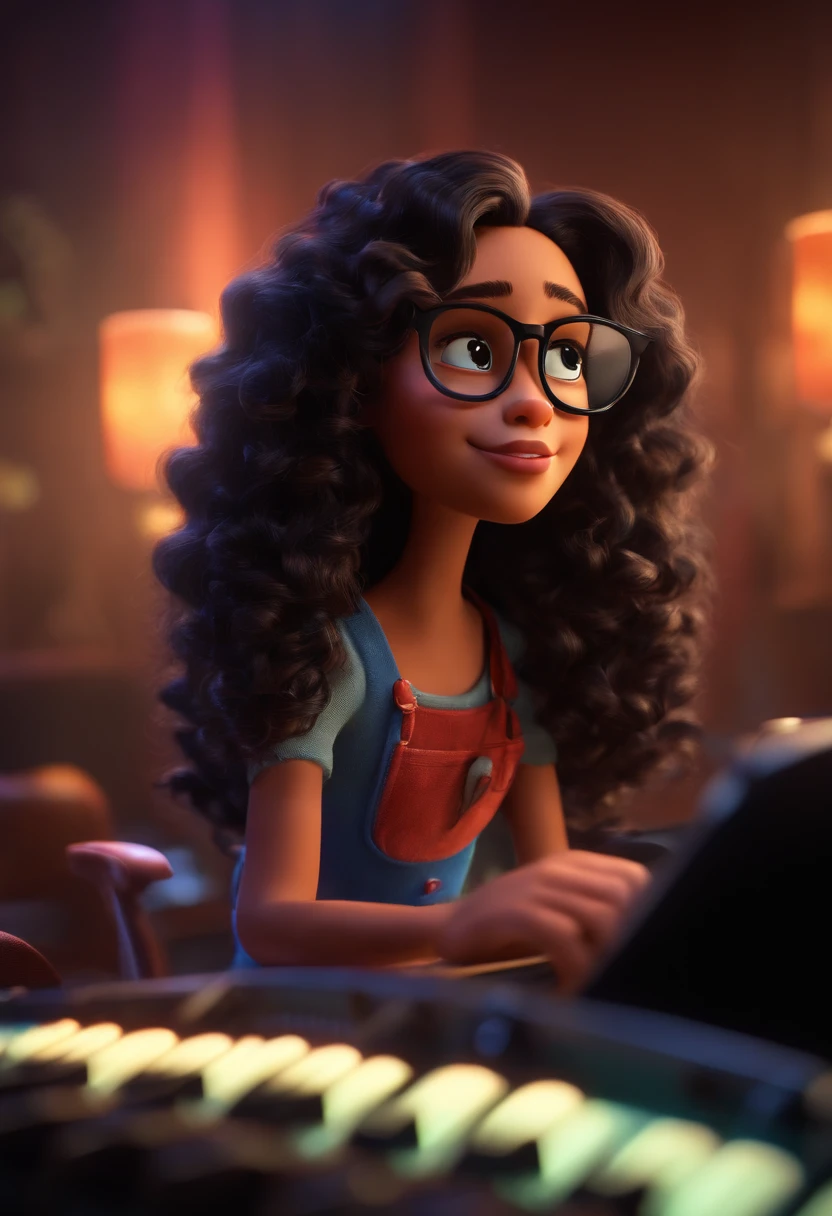 Pixar style image with 3D character glasses a young black brunette long curly hair sitting playing keyboard in studio, Pixar, Disney, Cinema lighting,