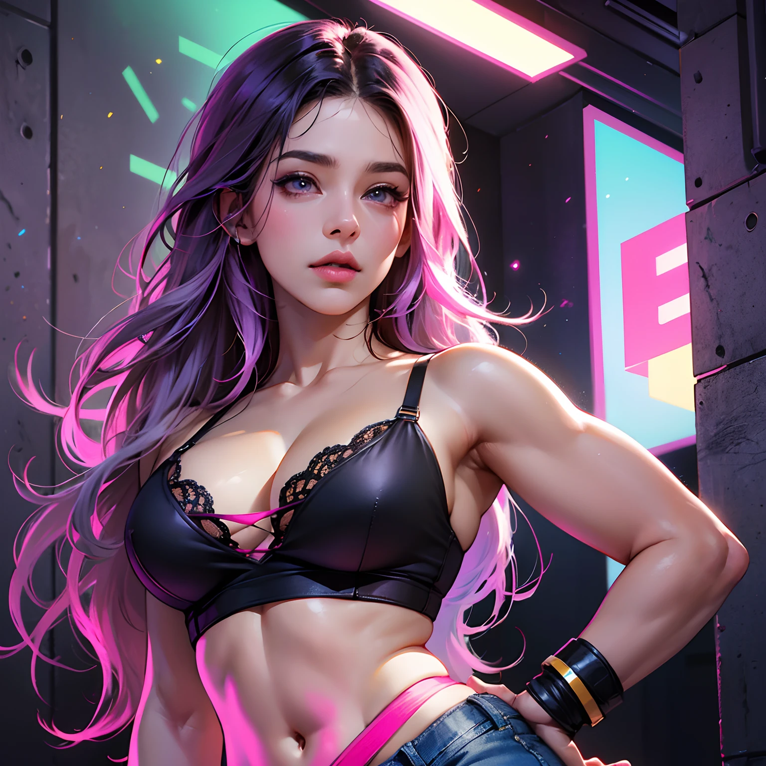 (best quality, 4k, master part :1.1), Beautiful woman, hyper realistic, 1girl, (droopy breasts, corpo atraente :1.3), abdominais :1.1, cabelo preto claro longo com franja :1.2, Rosto ultra-detalhado, Detailed lips, Olhos detalhados, Double eyelidm, Black and pink short bra, decote aberto, seios pendurados, pose lateral, visible curves, no meio do quarto, shorts jeans curtos azuis claros, perna muscular virada, seios grandes, olhos castanhos, Purple High Sneakers, open sky, Noite, with neon lights