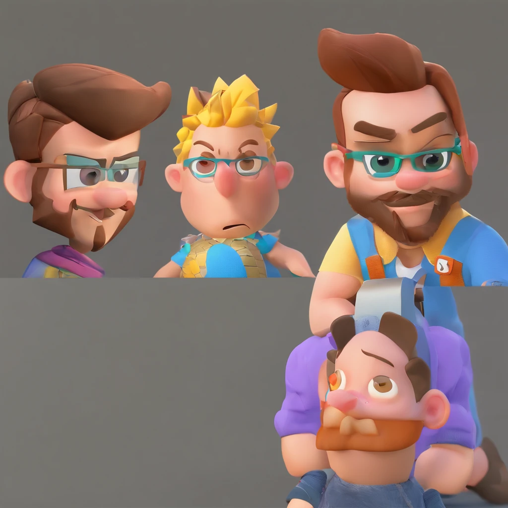 Criar um personagem no estilo Pixar. Trata-se de um homem de 30 anos, com barba, Branco, com cabelos castanhos curtos e um quiff, e olhos castanhos. Ele deve estar na frente de um computador, Trabalhar como designer