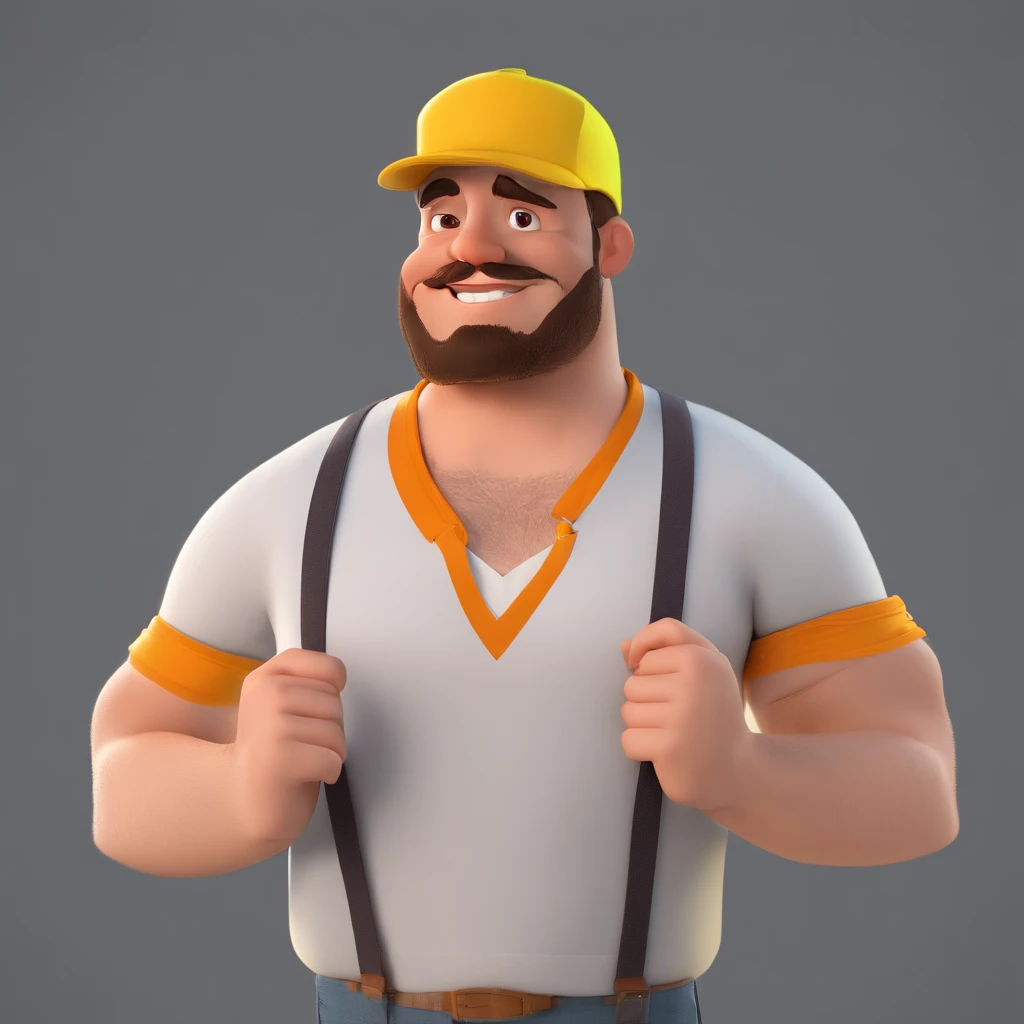 Criar um personagem no estilo Pixar. Trata-se de um homem de 30 anos, com barba, Branco, com cabelos castanhos curtos e um quiff, e olhos castanhos. Ele deve estar na frente de um computador, Trabalhar como designer
