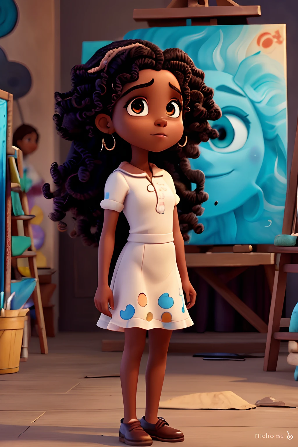 Capa de filme estilo Disney, uma menina preta com olhos castanhos, Dark skin and curly hair working painting pictures and an art studio in the background