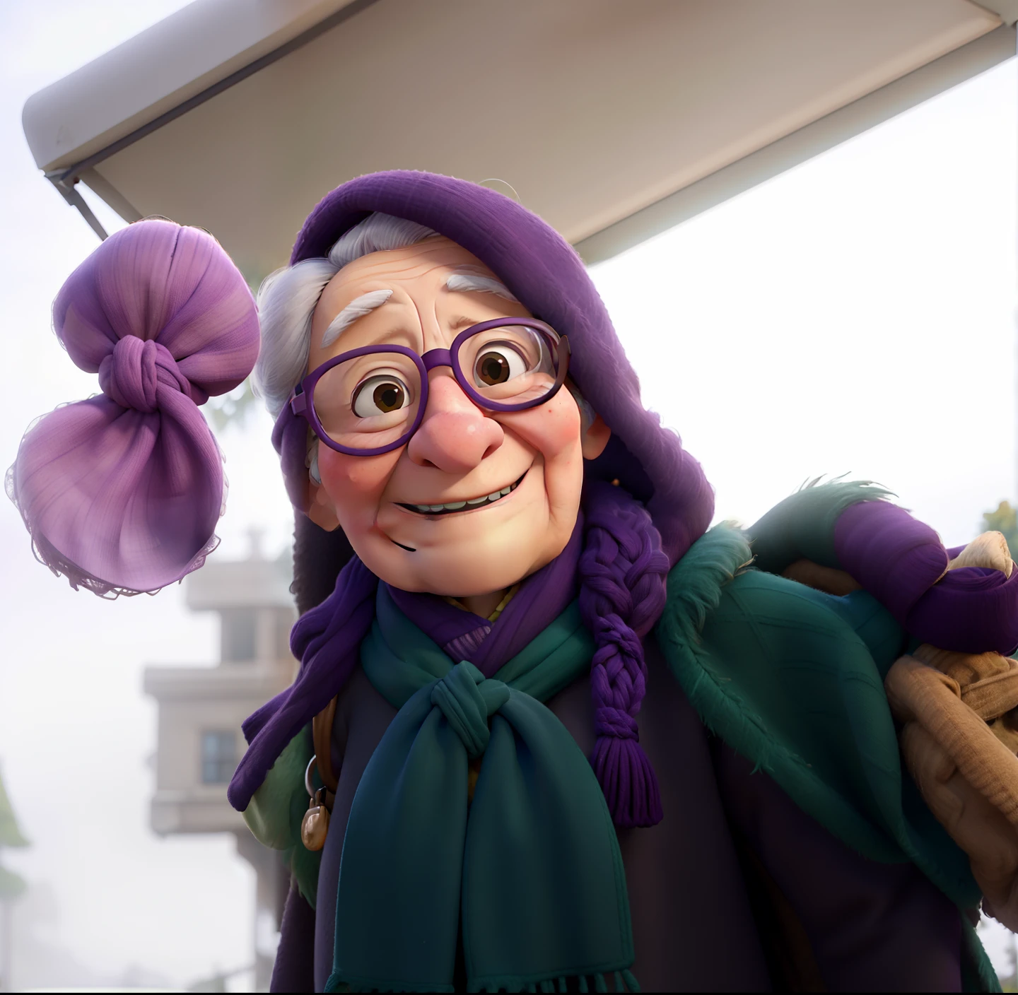 masterpiece, best quality, an old woman with glasses and a scarf on, wearing a purple coat and green scarf, standing at the park