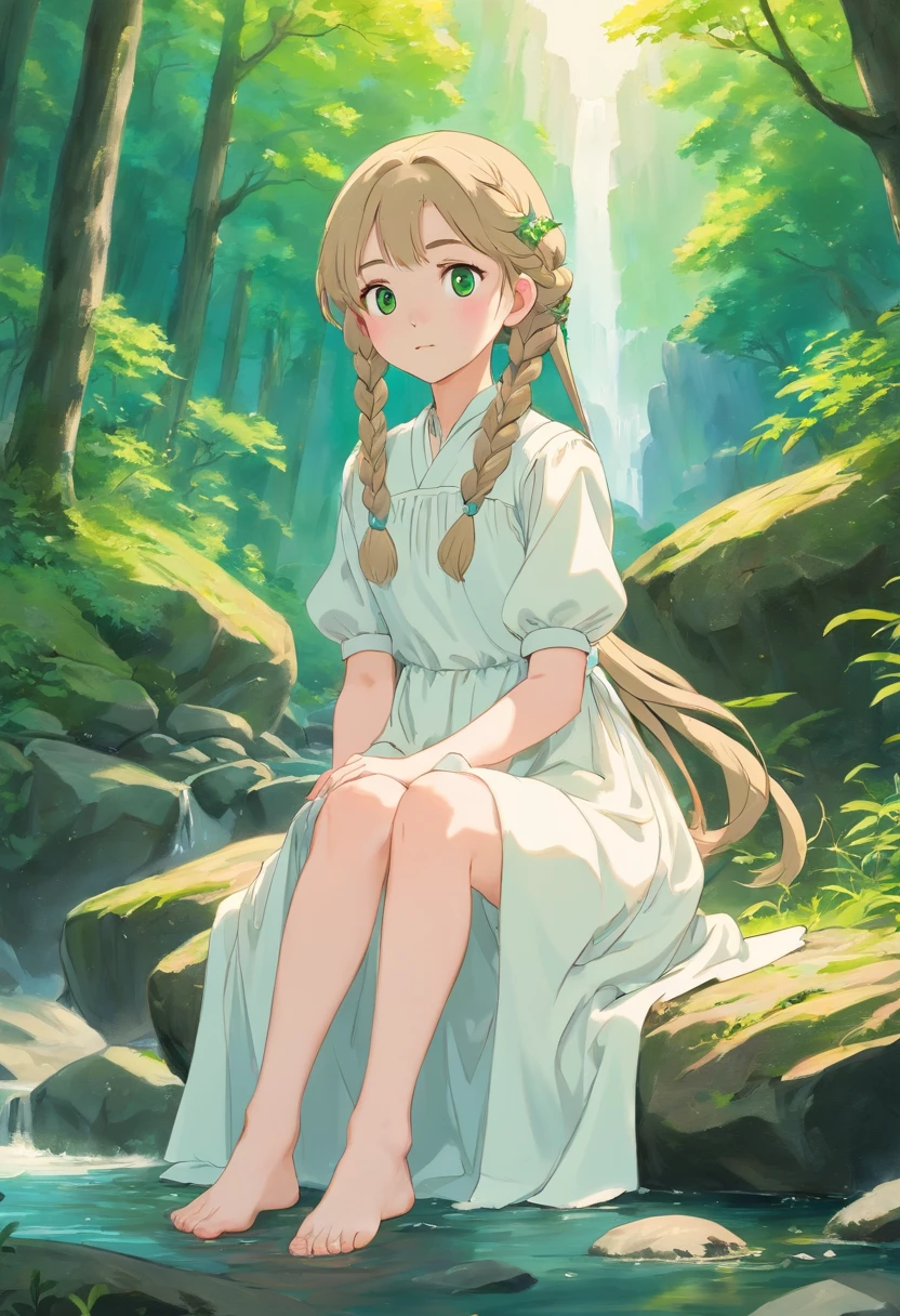 Pale girl 20 years old, with two waist-length dark blonde braids, gray-green eyes, In a white old dress and barefoot sits in the middle of the forest near a mountain river