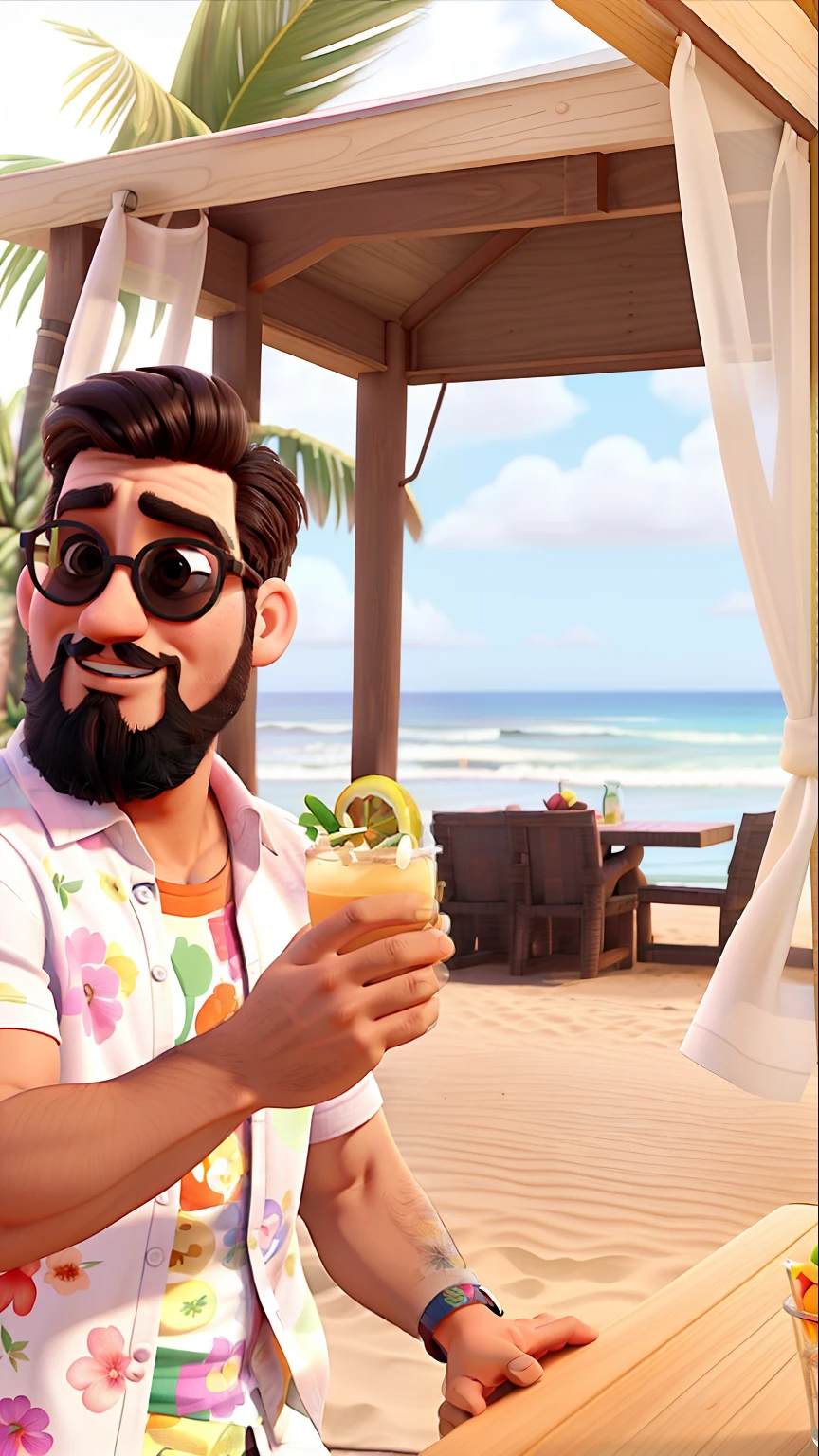Poster no estilo Disney pixar, alta qualidade, melhor qualidade, homem sexy moreno escuro, 35 anos cabelo undercult ondulado curto, barba preta, round sunglasses, segurando um drink com fruta em cima, Flowery button-down shirt in pastel colors, Scenery with background in beach club beach bungalow