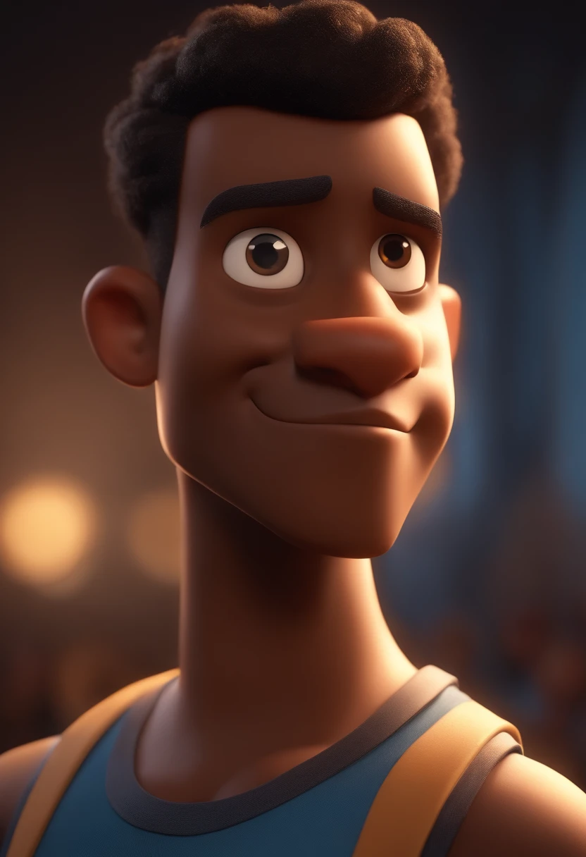 personagem dos desenhos animados de um homem adolescente moreno, alto, musculoso, olhos castanho escuro, e garota adolescente morena, baixinha, cabelo afro preto com as pontas vermelho, Honey Eyes Animation Character, Caractere estilizado, animation style rendering, 3D estilizado, Arnold Maya render, 3 d render stylized, toon render keyshot, Personagem 3D, Personagem 3D, 3d rendering stylized, 3 d character render, personagem de desenho animado, Personagem de close up, Pose de personagem, (Estilo Pixar) (master part:1.2) (Bokeh) (best quality) (pele detalhada) (textura detalhada) (8k) (argila) (Cinematic lighting) (foco nítido