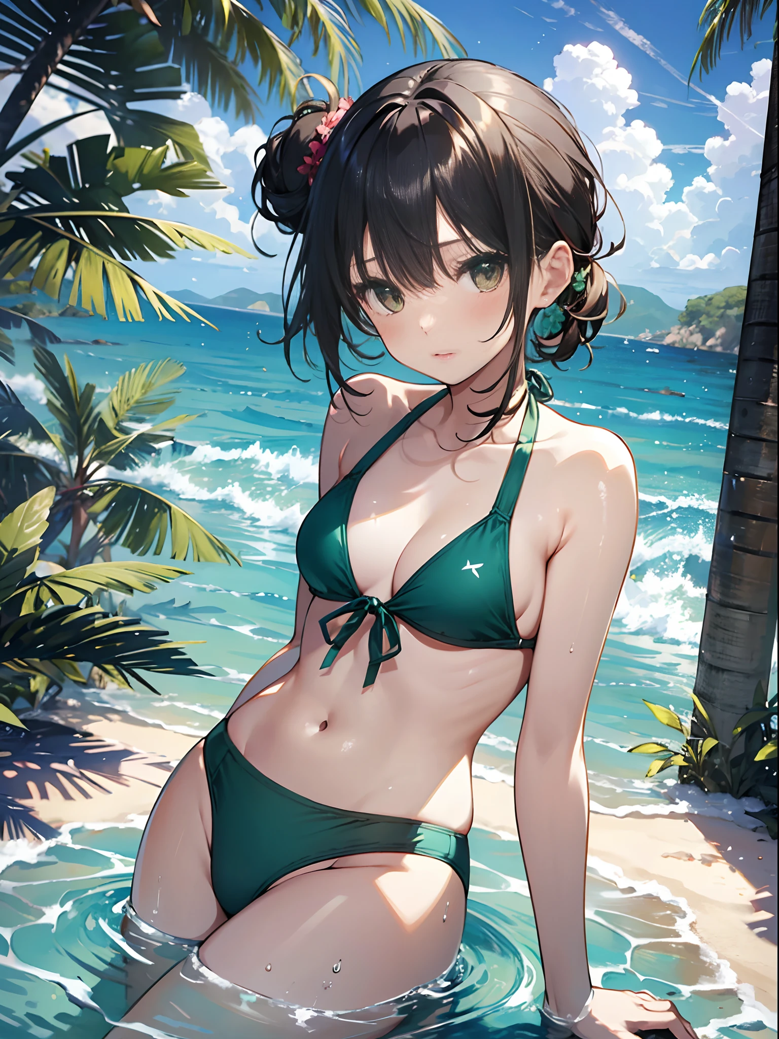 high-level image quality、top-quality、Does not blush cheeks、Sunny Beach、Slender beauty、{swim wears}、{The bikini}、short hair of emerald green、put your hair up
