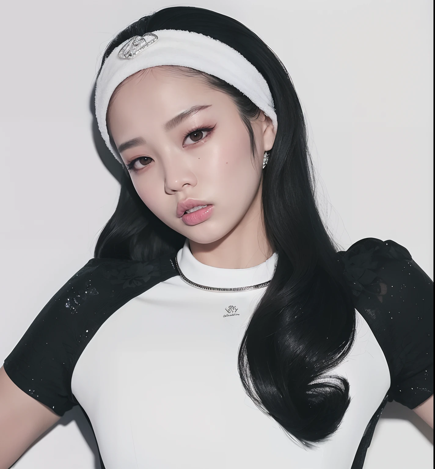 Un primer plano de una mujer con una camisa blanca y una diadema en blanco y negro, Blackpink Jennie, Taejune Kim, Jossi de Blackpink, Parque Ji-min, Parque Roseanne de Blackpink, Jiyun Chae, Lee Ji-eun, Lee Ji - Eun, Heonhwa Choe, Retrato de Jossi de Blackpink, Shin Min Jeong, Jisoo de Blackpink