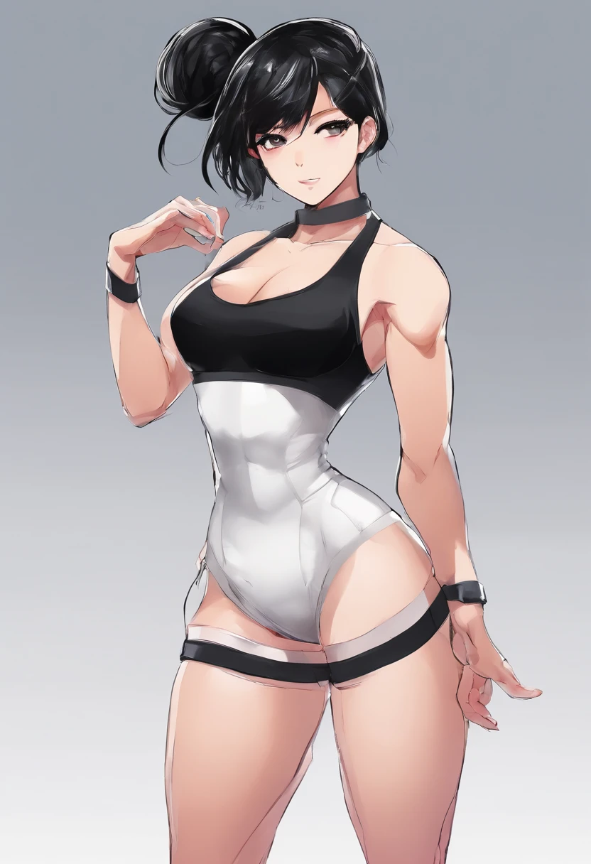 Muscular woman, Black hair, Black eyes, tall body, Small face, Short hair, Side buns, Fantasy outfit, Neutral Expression,
