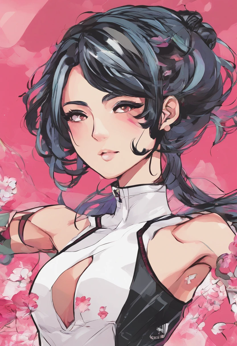 Muscular woman, Black hair, Black eyes, tall body, Small face, Short hair, Side buns, Fantasy outfit, Neutral Expression,