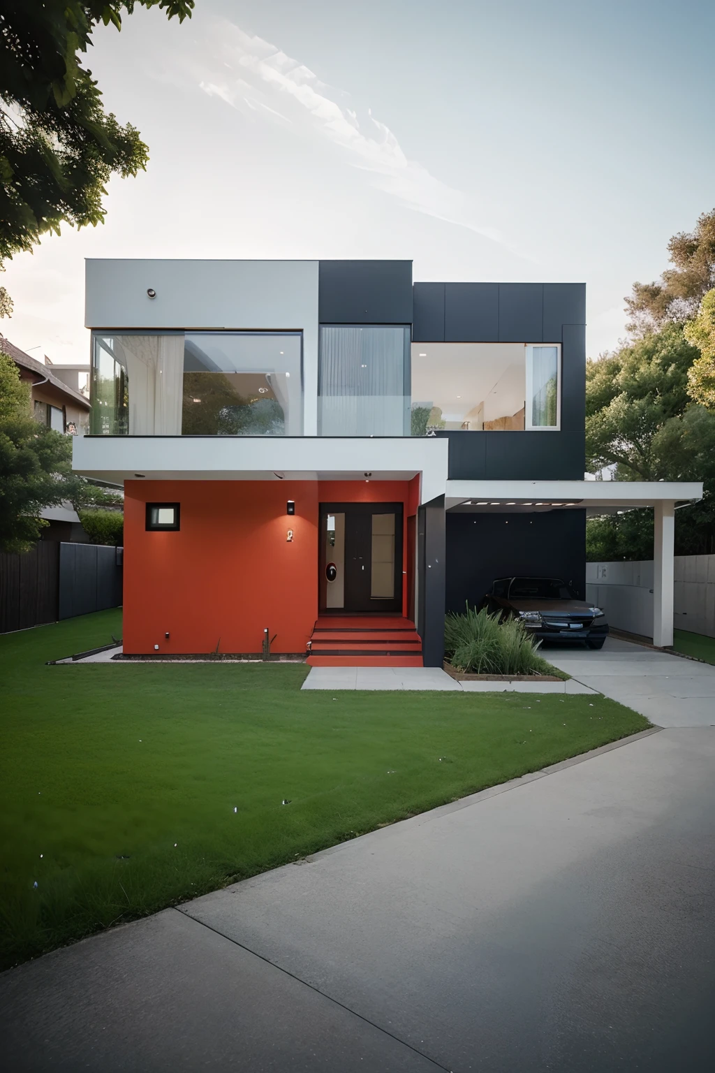 modern architectural style house, with glass where the staircase is located, and green grass in fron of the house. And a red car parked near the entrance