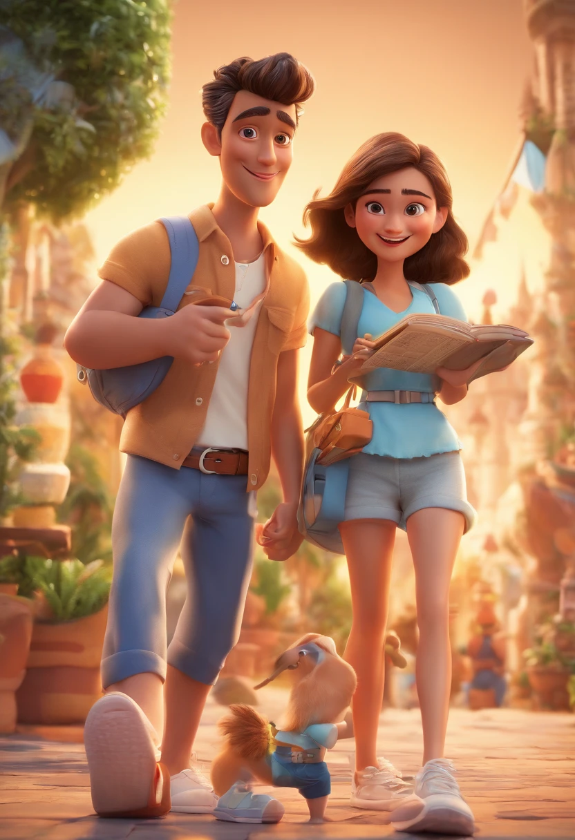 Cartoon of friends having fun on vacation together, 3D Animation Movie Poster, Poster de filme animado, pixar 3 d animation style, pixar renderman rendering, maia 8 mil, animated film, Disney Pixar Estilo 3D, amigos felizes saem juntos, all wearing light blue shirts and cream brown long pants, camisa azul clara, cream brown pants, ao ar livre, vacation, Disney Pixar Animation Poster