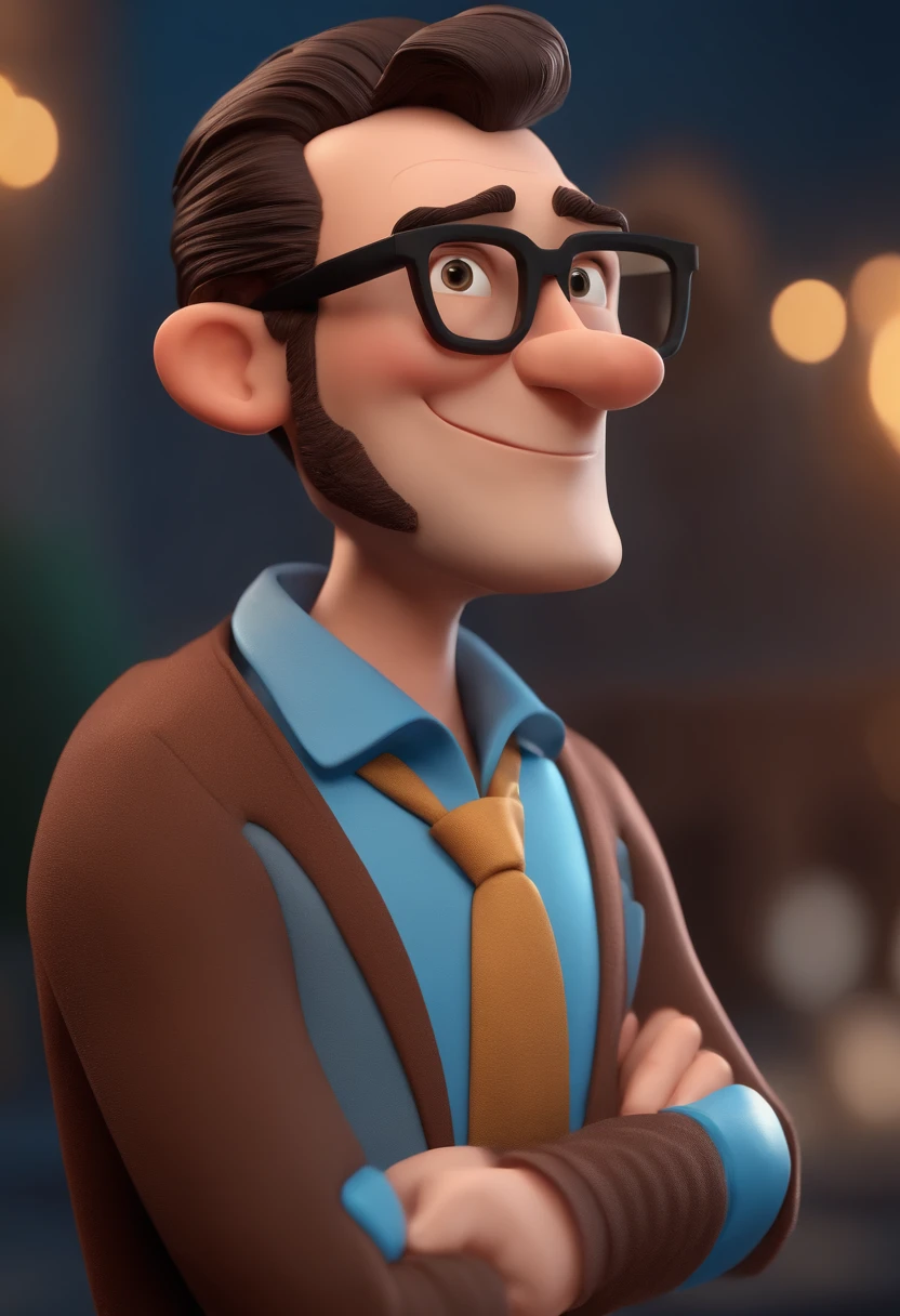 Cartoon character of a man with black glasses and a blue shirt, animation character, Caractere estilizado, animation style rendering, 3D estilizado, Arnold Maya render, 3 d render stylized, toon render keyshot, Personagem 3D, Personagem 3D, 3d rendering stylized, 3 d character render, personagem de desenho animado, Personagem de close up, Pose de personagem,  (Estilo Pixar) (master part:1.2) (Bokeh) (best quality) (pele detalhada) (textura detalhada) (8k) (argila) (Cinematic lighting) (foco nítido