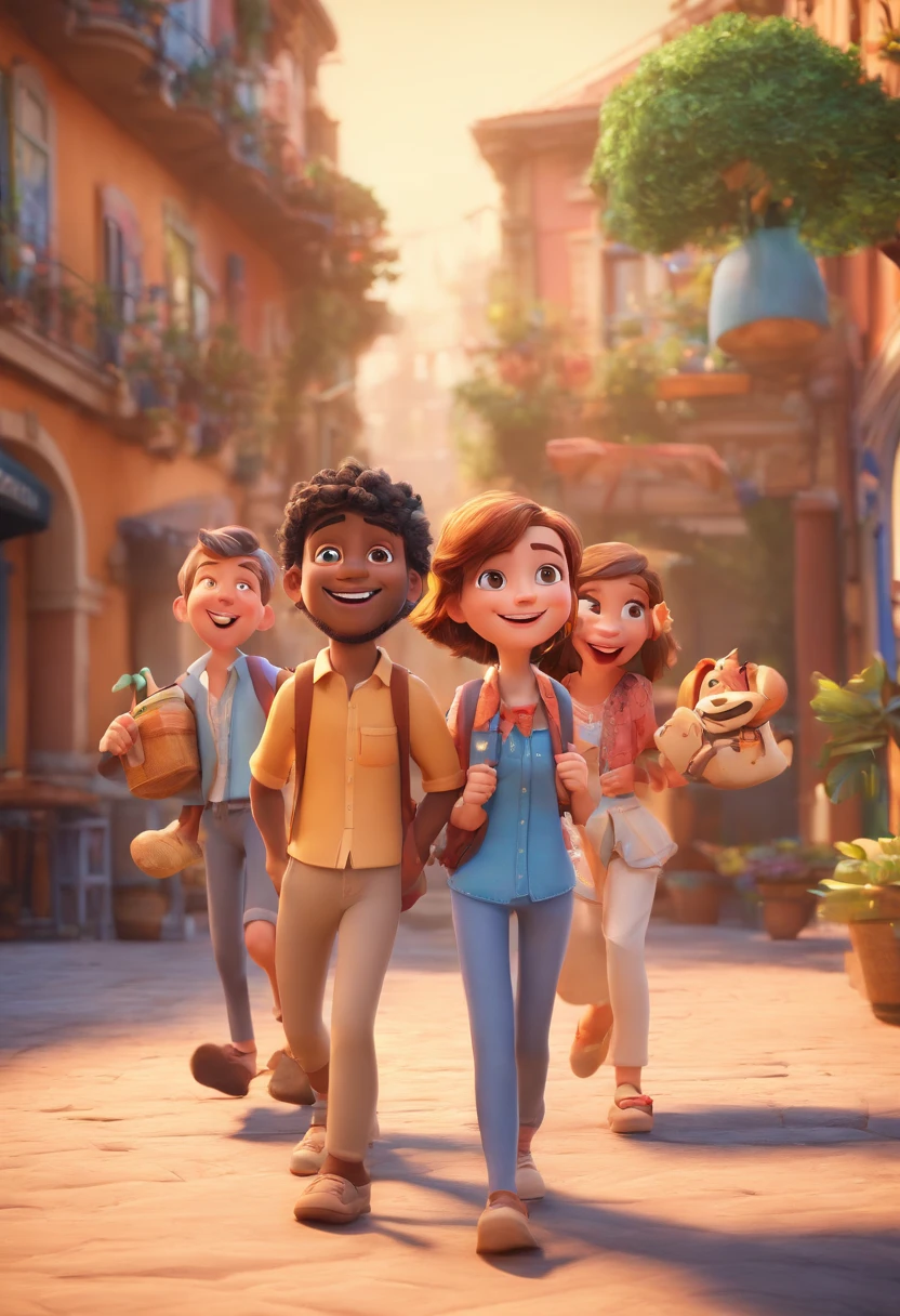 Cartoon of friends having fun on vacation together,  3D Animation Movie Poster, Poster de filme animado, pixar 3 d animation style, pixar renderman rendering, maia 8 mil, animated film, Disney Pixar Estilo 3D, amigos felizes saem juntos, all wearing light blue shirts and cream brown long pants, camisa azul clara, cream brown pants, ao ar livre, vacation, Disney Pixar Animation Poster