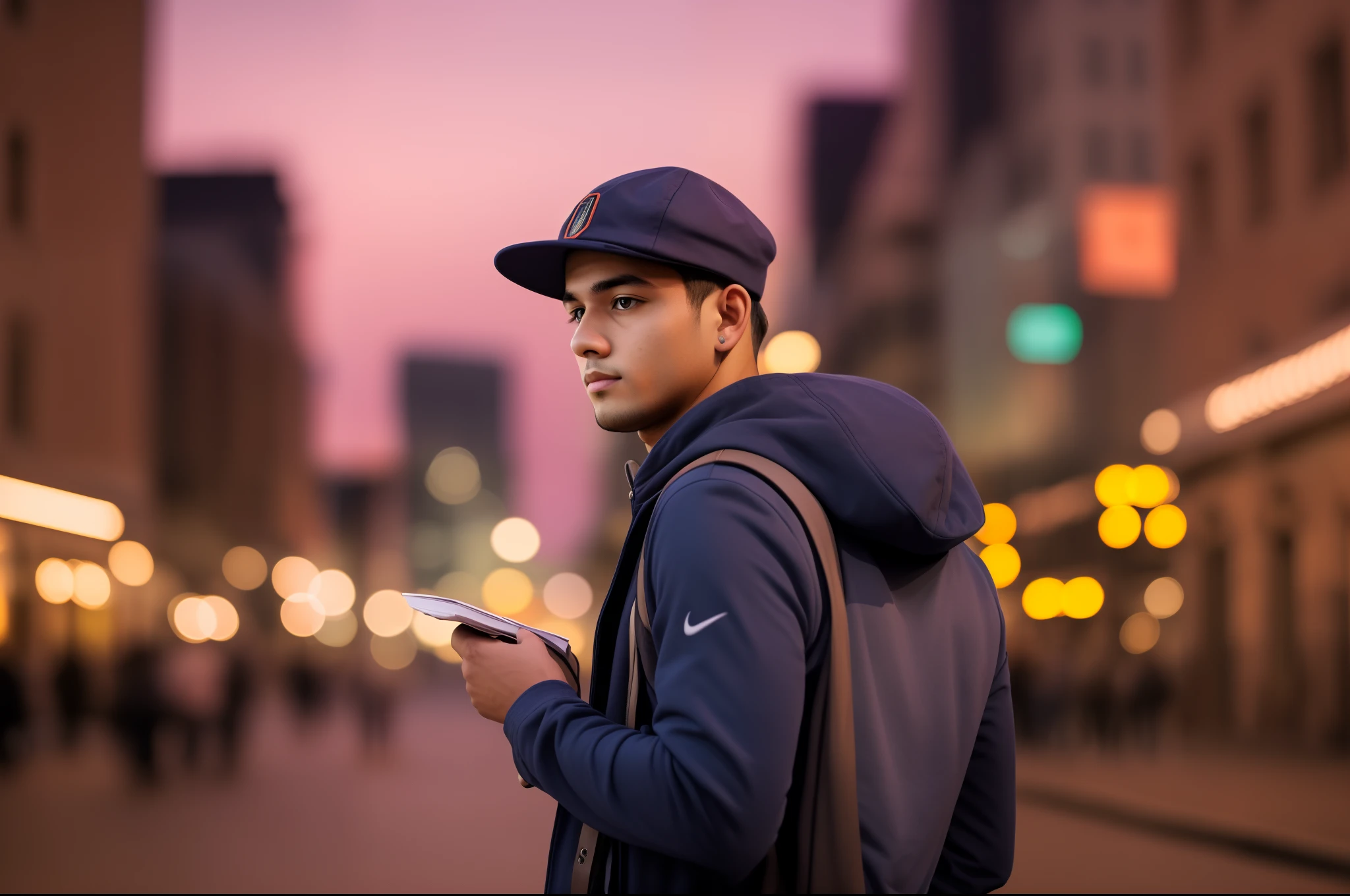 young man with cap, background city, low light --auto --s2