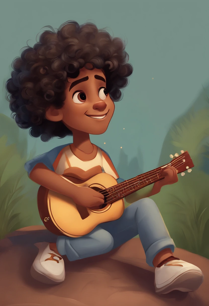 crie um banner no estilo Pixar. A boy with Indian features, moreno pardo com cabelos curtos, Castanhos escuros, Curly and slightly grayish appearance, mas jovem, usando uma camiseta, Wearing jeans and holding a classical guitar with 7 strings.