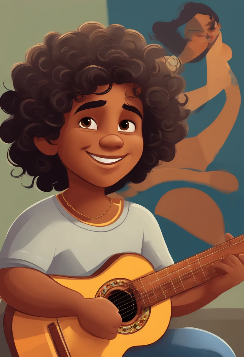crie um banner no estilo Pixar. A boy with Indian features, moreno pardo com cabelos curtos, Castanhos escuros, Curly and slightly grayish appearance, mas jovem, usando uma camiseta, Wearing jeans and holding a classical guitar with 7 strings.