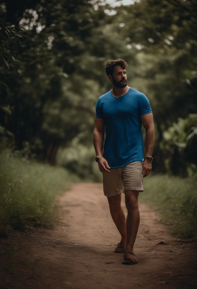 Camisa azul, shorts branco, alimentando hm canguru, sorrindo, fundo de um parque, homem gordo de 30 anos e bonito