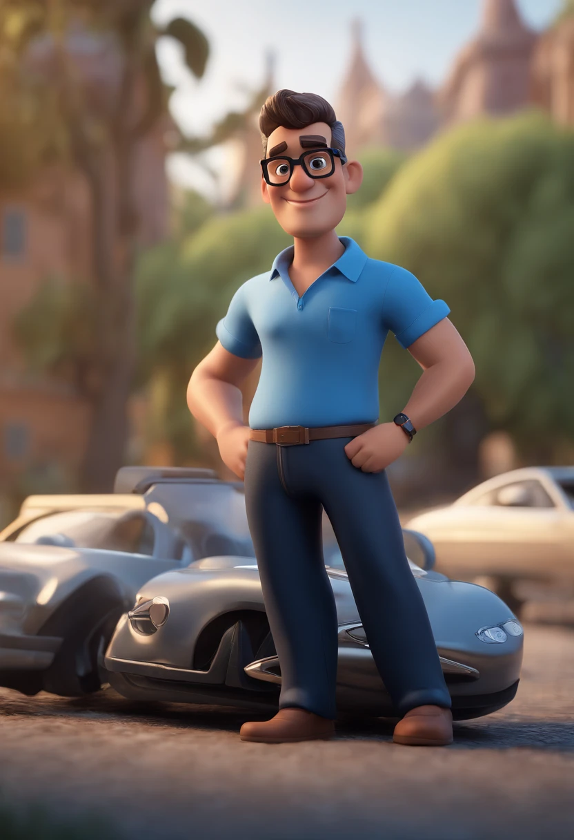 Cartoon character of a man with black glasses and a blue shirt, animation character, Caractere estilizado, animation style rendering, 3D estilizado, Arnold Maya render, 3 d render stylized, toon render keyshot, Personagem 3D, Personagem 3D, 3d rendering stylized, 3 d character render, personagem de desenho animado, Personagem de close up, Pose de personagem, (Estilo Pixar) (master part:1.2) (Bokeh) (best quality) (pele detalhada) (textura detalhada) (8k) (argila) (Cinematic lighting) (foco nítido