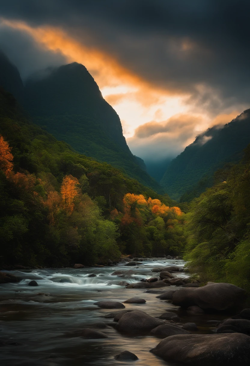Antecedentes detalhados, master part, Qualidade Superior, Landscape, montanha, Rio, Floresta, sol, dia, Cloud