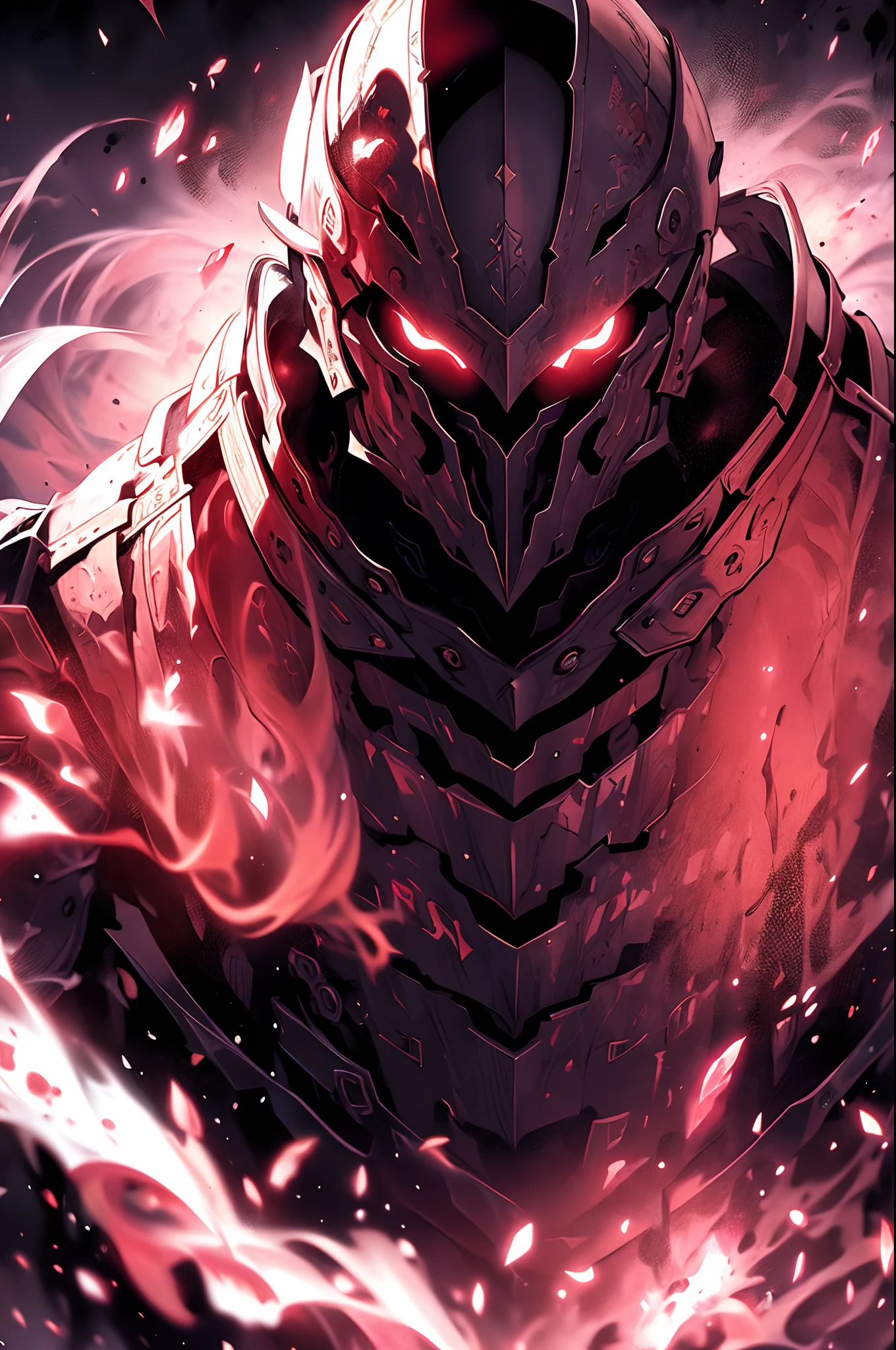 ((Best Quality, 8K, Masterpiece)), 1 fallen cosmic knight, black armor, cloak of shadows, glowing red eyes, ethereal body, malevolent aura, black sky, overwhelming darkness, dark hue, red hue, limited palette, flat color