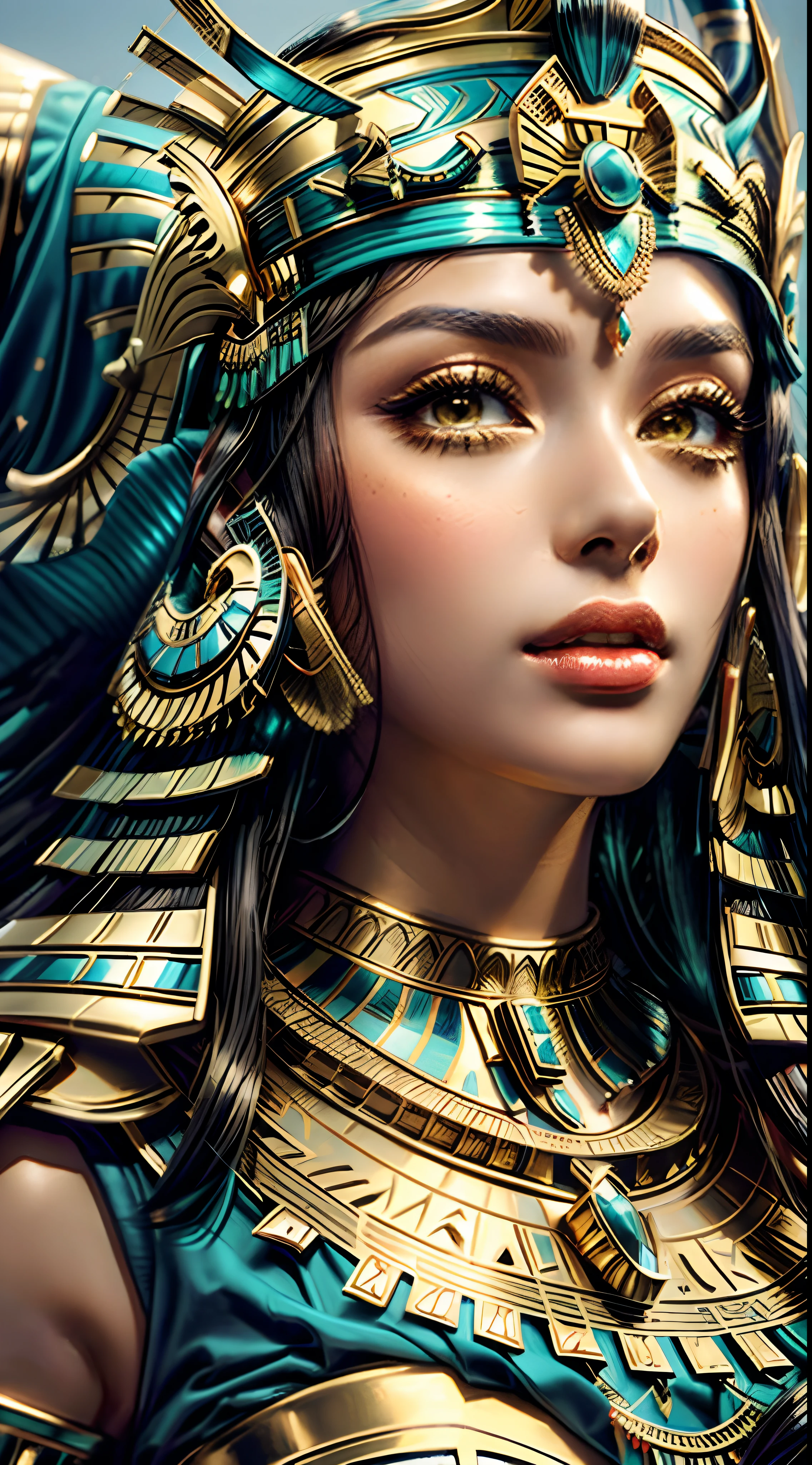 A closeup of a woman wearing a golden headdress and a red hat, beautiful cleopatra, cleopatra portrait, cleopatrah, Um retrato impressionante de uma deusa, Egyptian Princess, Egyptian, 8k arte detalhada de alta qualidade, deusa. Detalhes extremamente altos, Retrato de uma bela deusa, deusa bonita, uma bela imperatriz fantasia, Egyptian makeup, Princesa Libu antiga
