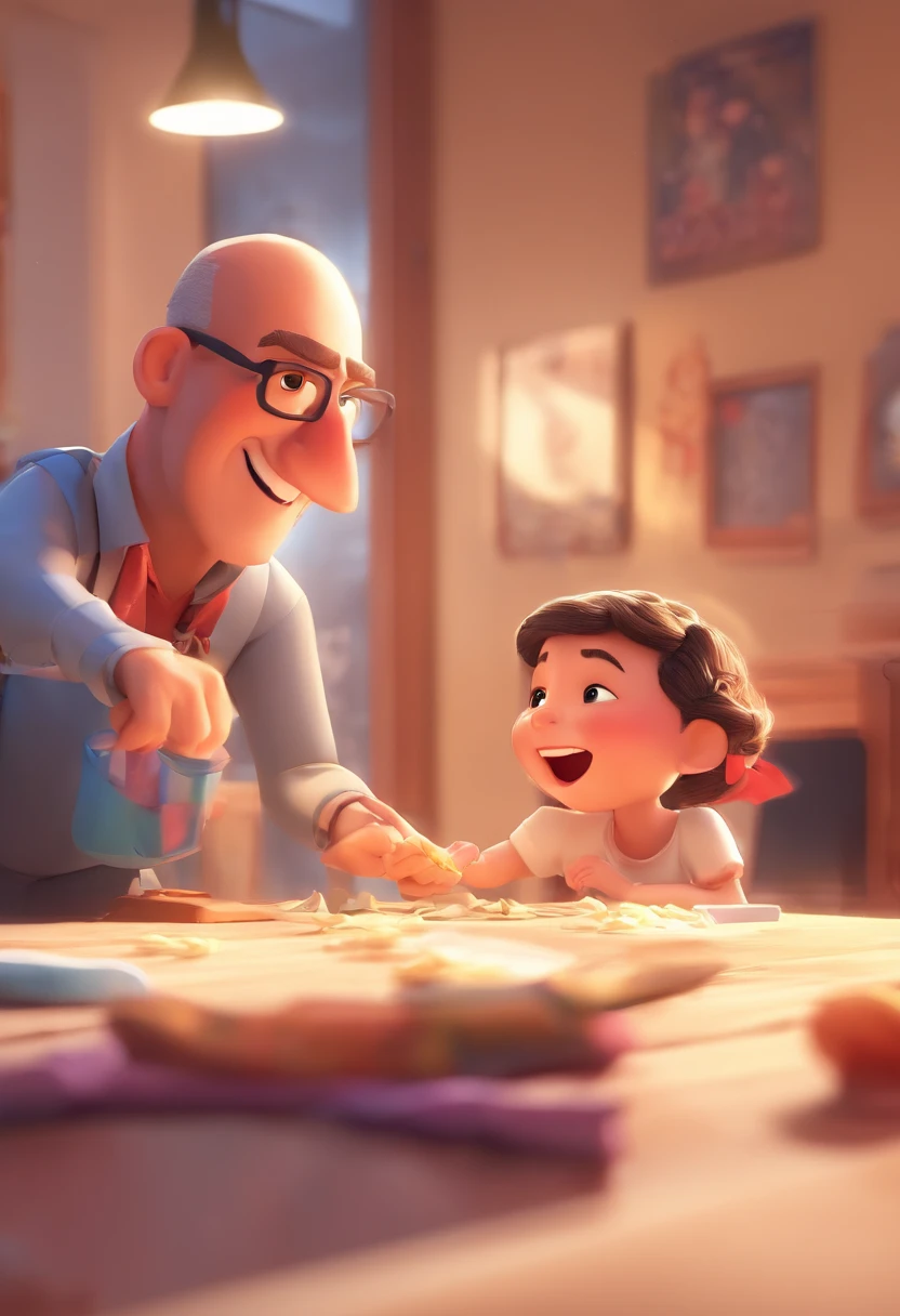 An illustration of an adorable couple, destacando um homem e uma mulher com bonito, Expressive eyes – the man's skin is black and the man's hair is bald and black, while the woman's skin is black and the woman's hair is curly and brown. They are a bright room, cada um com um sorriso no rosto, e compartilhar um momento especial caracterizado pelo amor, arroz, e insights educacionais. Illustrate this scene from a perspective where they are facing away from the camera, Showing Your Connection. Desenvolva esta arte em Full HD, Focus on your cinematic touch, Estilo Disney Pixar Animations