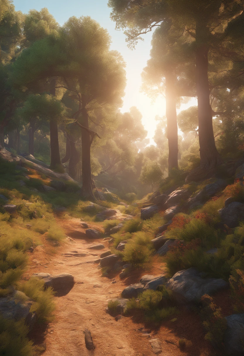 Crie uma paisagem desolada de vale e montanhas, envolto em nevoeiro espesso, com poucos raios de sol, with gnarled trees and thick trunks, and undergrowth reminiscent of grass and grass, em uma paisagem ultrarrealista, com cores mortas, 4k, Cinematic lighting, natural lighting, filmic grain, Cinematic lighting, High detail, Fotoreal, fotorrealista, Volumetric lighting and shading