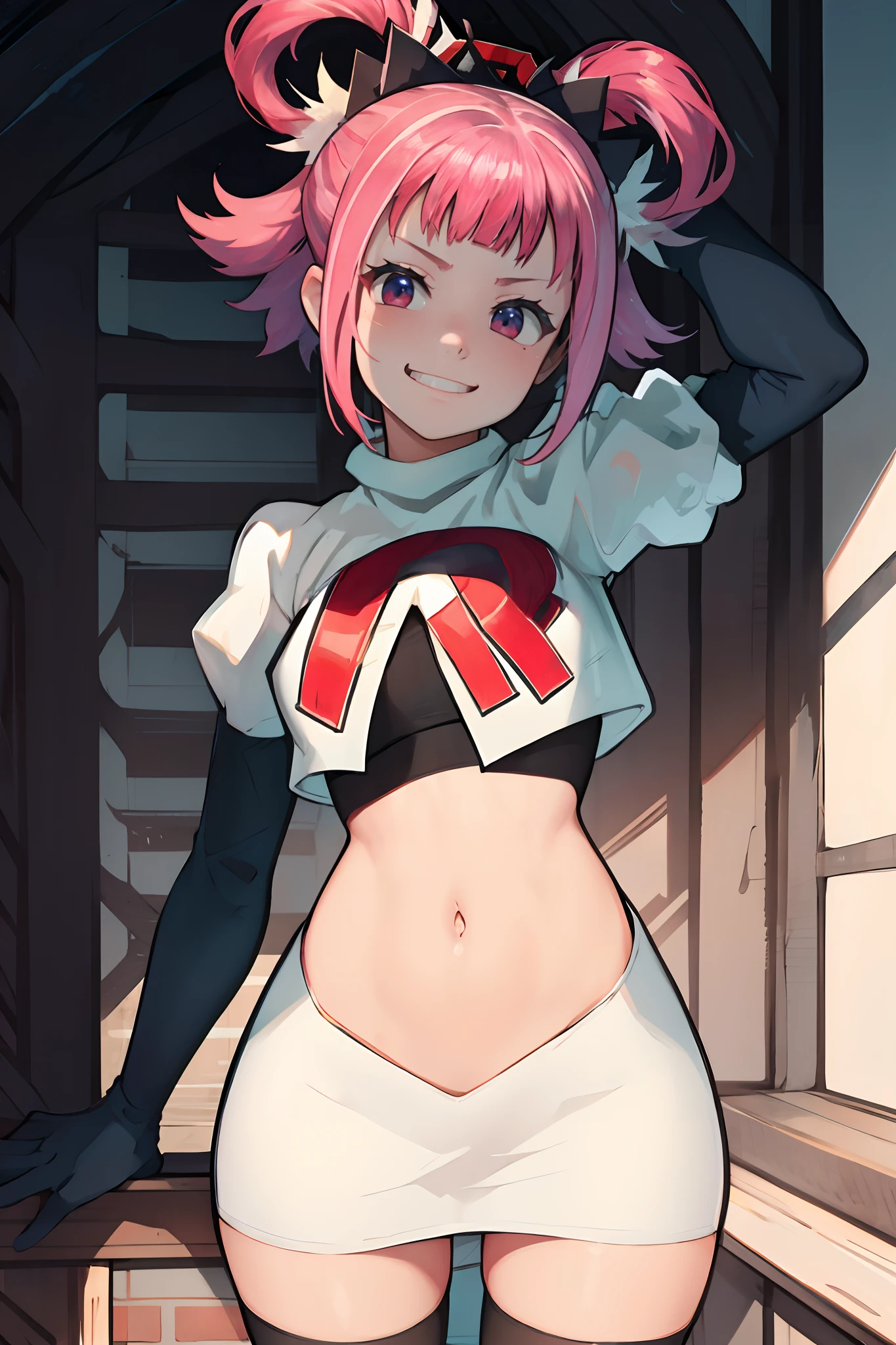 Hortensia, Hortensia \(Fire Emblem\), Hortensia \(Fire Emblem: Engage\), pink hair, team rocket, team rocket uniform, red letter R, white skirt, white crop top, black thigh-high boots, black elbow gloves, evil smile