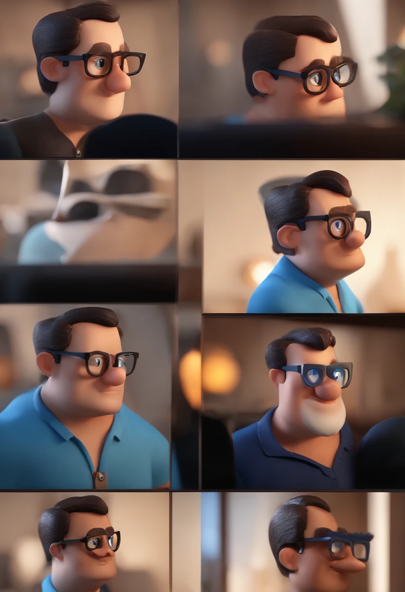 Cartoon character of a man with black glasses and a blue shirt, animation character, Caractere estilizado, animation style rendering, 3D estilizado, Arnold Maya render, 3 d render stylized, toon render keyshot, Personagem 3D, Personagem 3D, 3d rendering stylized, 3 d character render, personagem de desenho animado, Personagem de close up, Pose de personagem,  (Estilo Pixar) (master part:1.2) (Bokeh) (best quality) (pele detalhada) (textura detalhada) (8k) (argila) (Cinematic lighting) (foco nítido