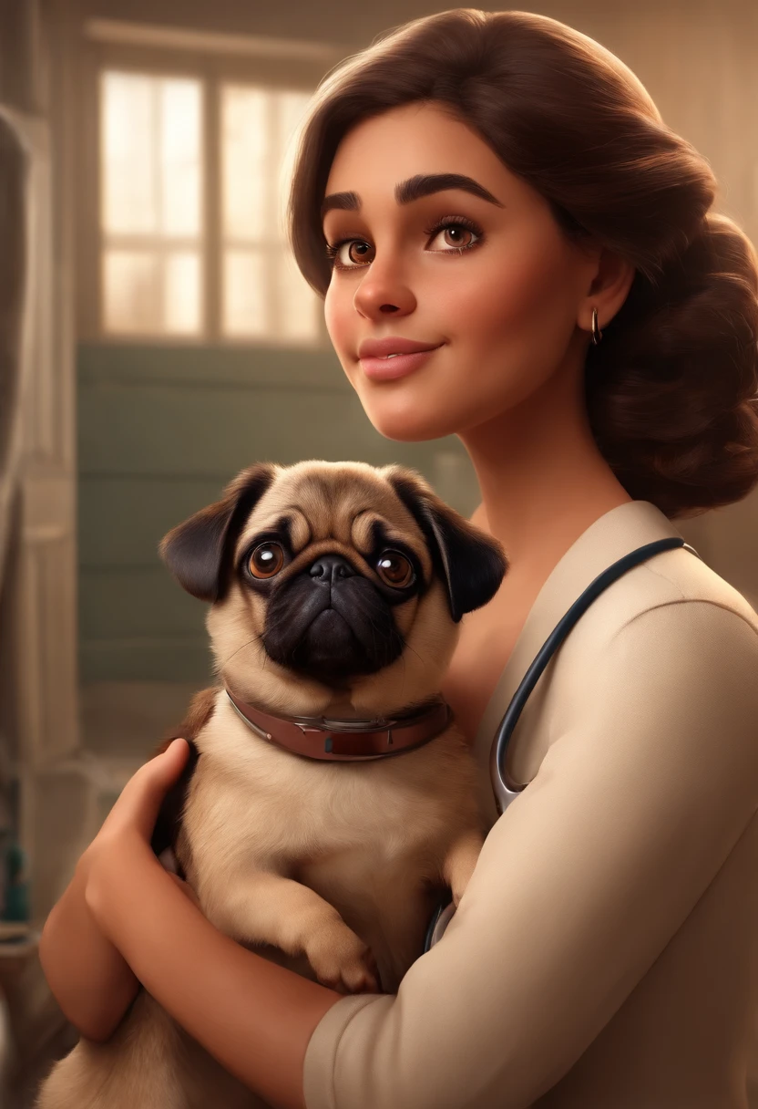 Create a pixar-style character brunette vet using a stethoscope, segurando uma pug femea, com cabelo curso, Hazel brown eyes
