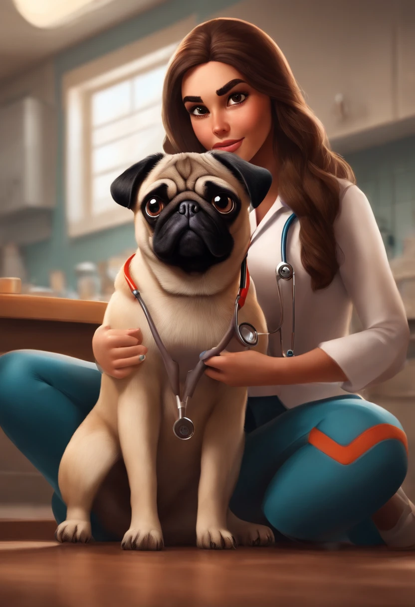 Create a pixar-style character brunette vet using a stethoscope, segurando uma pug femea, com cabelo curso, Hazel brown eyes