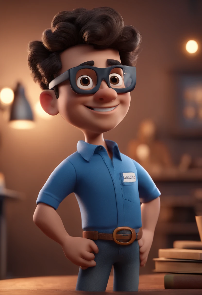Cartoon character of a man with black glasses and a blue shirt, animation character, Caractere estilizado, animation style rendering, 3D estilizado, Arnold Maya render, 3 d render stylized, toon render keyshot, Personagem 3D, Personagem 3D, 3d rendering stylized, 3 d character render, personagem de desenho animado, Personagem de close up, Pose de personagem, (Estilo Pixar) (master part:1.2) (Bokeh) (best quality) (pele detalhada) (textura detalhada) (8k) (argila) (Cinematic lighting) (foco nítido