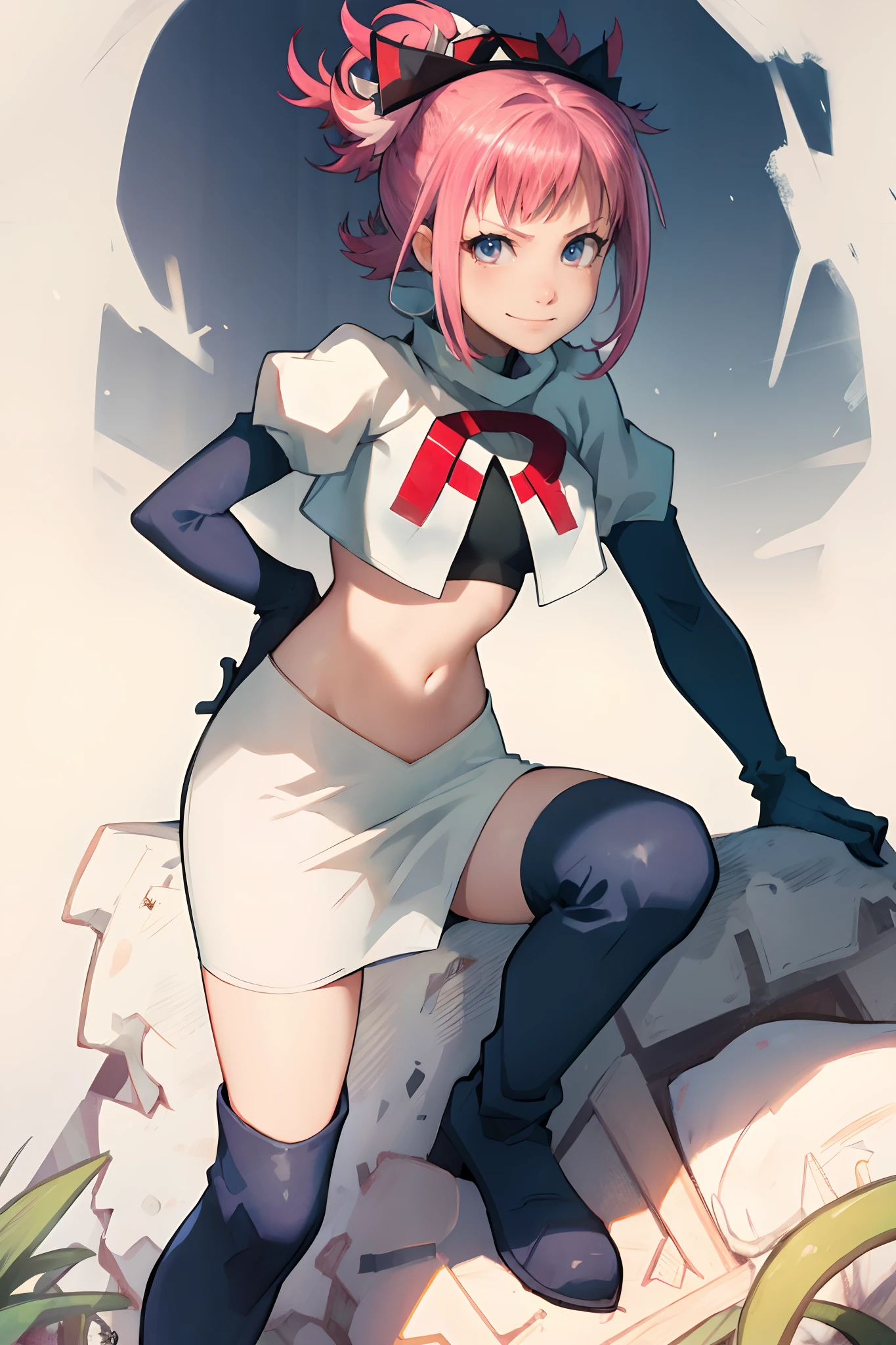 Hortensia, Hortensia \(Fire Emblem\), Hortensia \(Fire Emblem: Engage\), pink hair, team rocket, team rocket uniform, red letter R, white skirt, white crop top, black thigh-high boots, black elbow gloves, evil smile