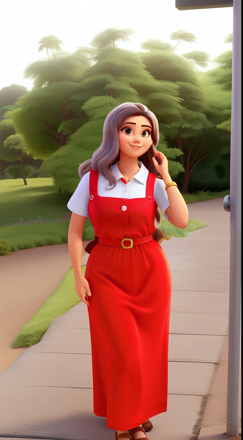 Mulher ,Estilo Pixar, Jovem de 26 anos, Retrato natural, olhos claros ,pele clara ,cabelos longos lisos, cabeilo loiros, e um grande sorriso, vestido vermelho, fundo com arvores