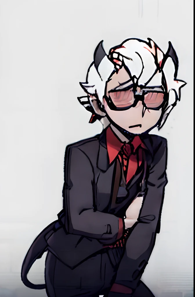 1boy, skinny, short messy white hair, red glasses, demon horns