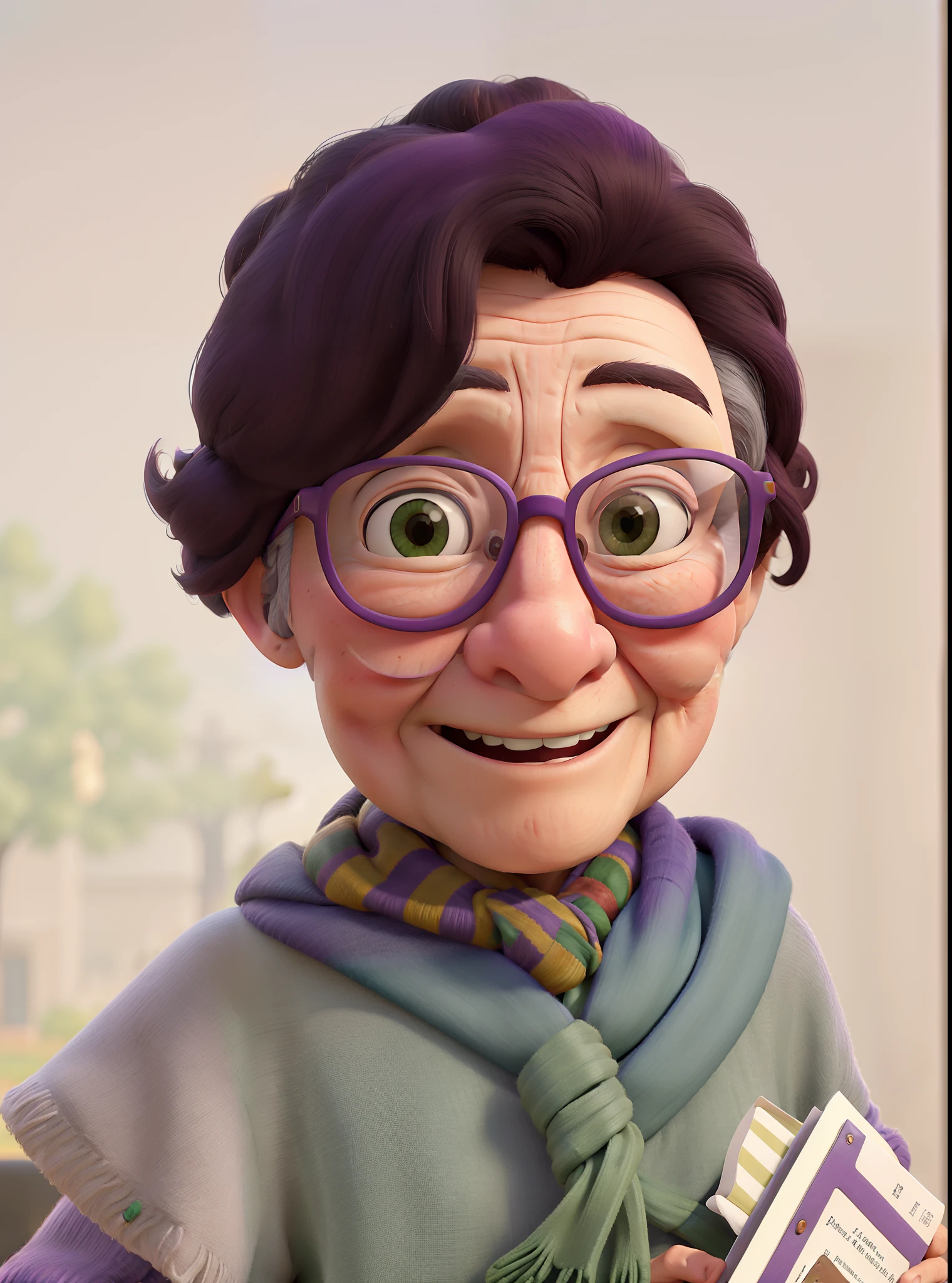 masterpiece, best quality, an old woman with glasses and a scarf on, wearing a purple coat and green scarf, standing at the park