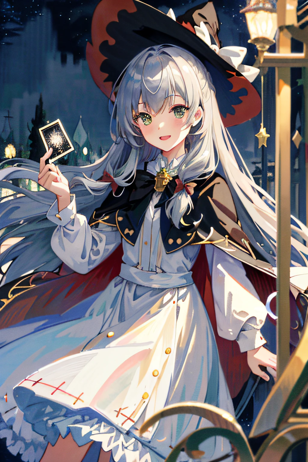 ((masutepiece:1.2, Best Quality)), 1girll, Solo, (Witch Hat), gray-brown hair, Long hair, Dress, Aurora, Night, Star (skyporn), mitts, skyporn, White Dress, nigh sky, Open mouth, Starry sky, Green eyes, bow ribbon, Very long hair, Red dress, Smile, Hair Ribbon, Cape, Silver hair, (Bird), Magic, casting spell, dark clouds, Night, (Impressionism:1.4), (tarot:1.3), Alphonse Mucha, Heterochromia、 GingerCat