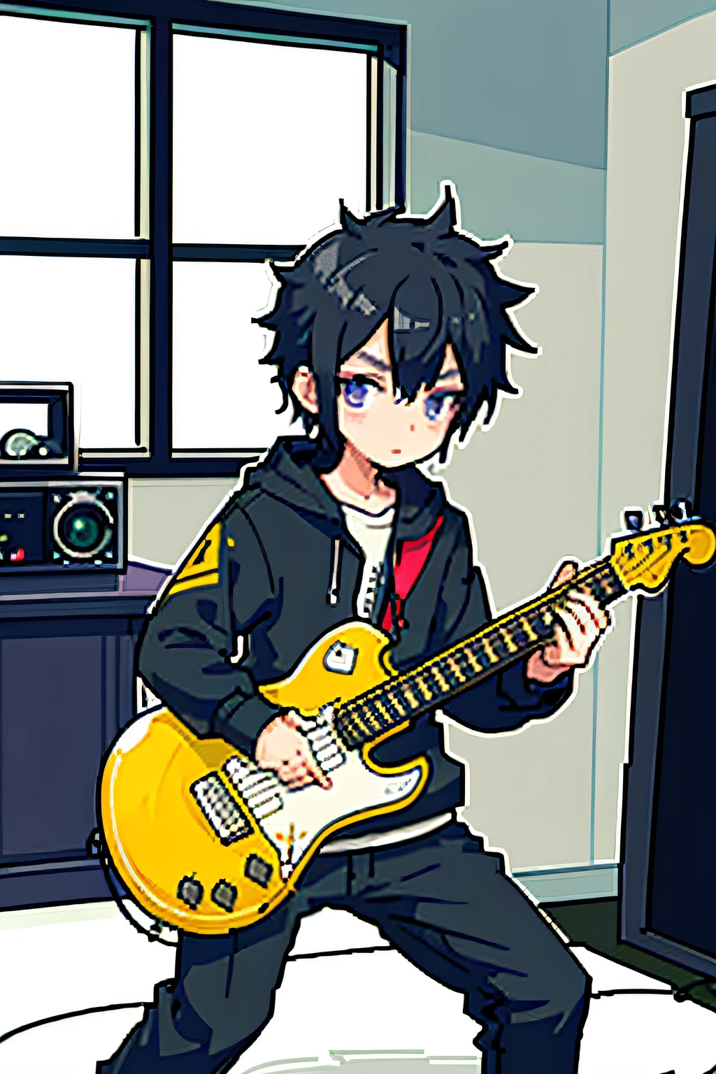 pix, boy,black color hair, spiky hair, playing guitar,in the bedroom studio,headphones, purple eyes