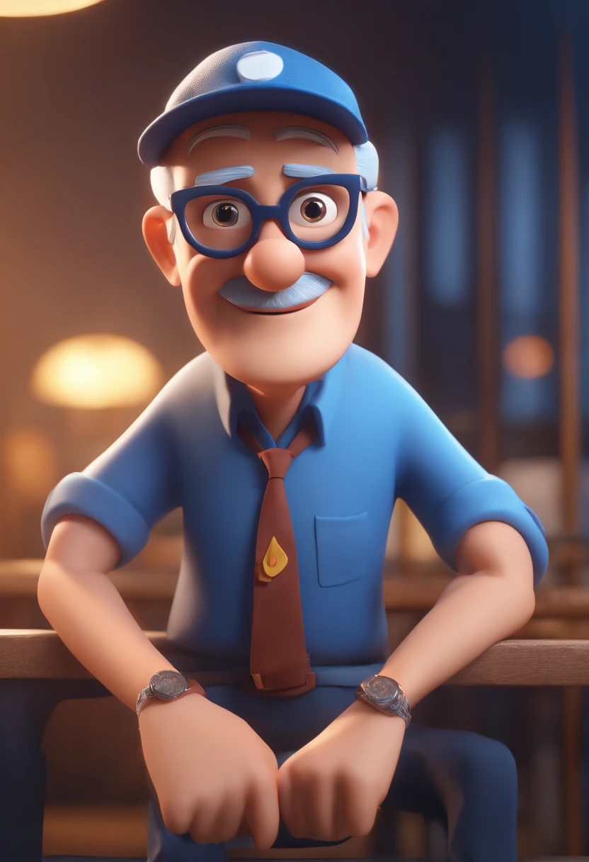 Cartoon character of an elderly man with young style wearing black glasses, blue cap, camisa branca, animation character, animation style rendering, 3D estilizado, render, 3 d render stylized, toon render keyshot, Personagem 3D, Personagem 3D, 3d rendering stylized, 3 d character render, personagem de desenho animado, Pose de personagem, (Estilo Pixar) (master part:1.3) (Bokeh) (melhor qualidade) (pele detalhada) (specific texture) (8k) (cinematic lighthing) (foco nítido)